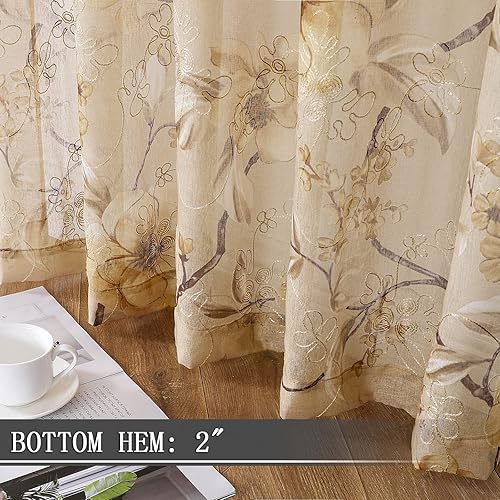 Miniatura 4 de Tollpiz - Cortinas de gasa transparentes, hechas de lino sintético, bordadas, con diseño de hojas y flores, para dormitorio o sala de estar, juego