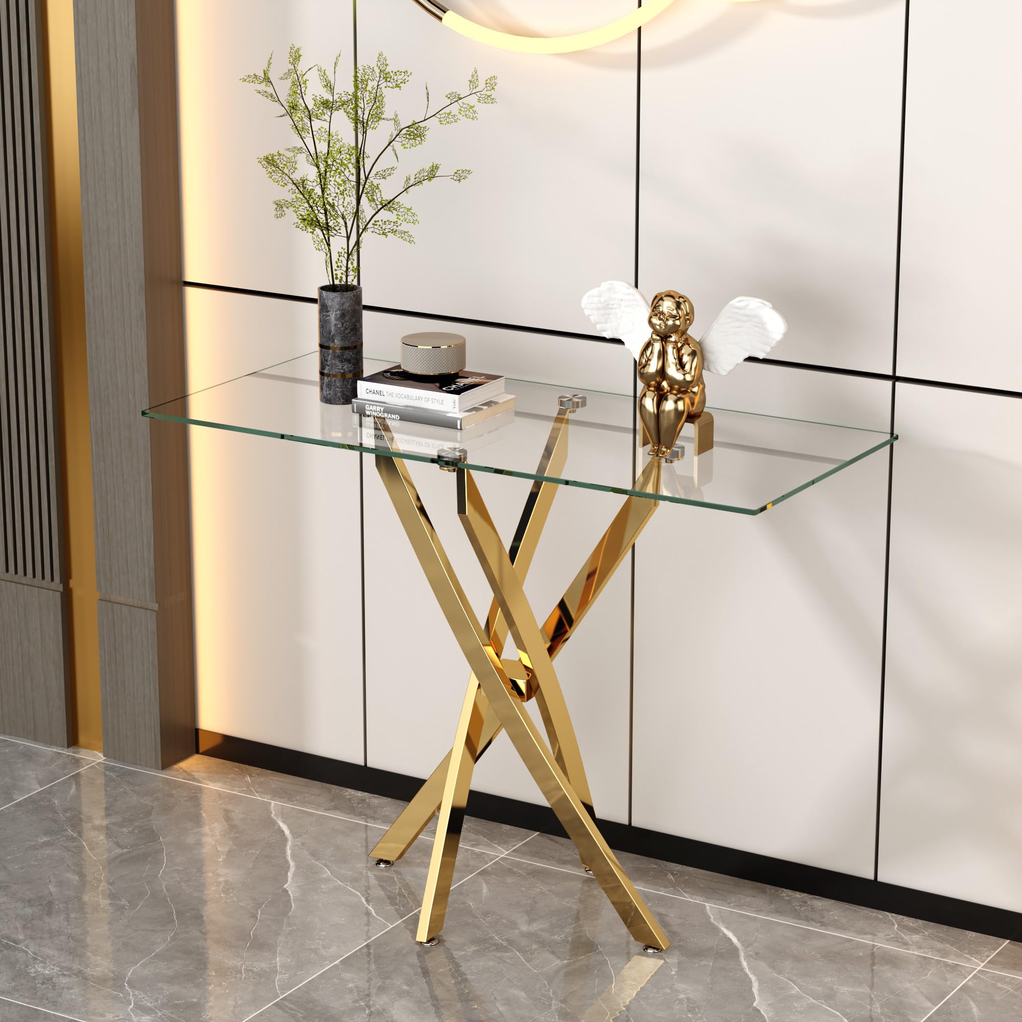 GOLDFAN Tempered Glass Console Table with Golden Chrome Legs, Modern Narrow Console Table Sofa End Table for Hallway, Foyer and Living Room, 100cm