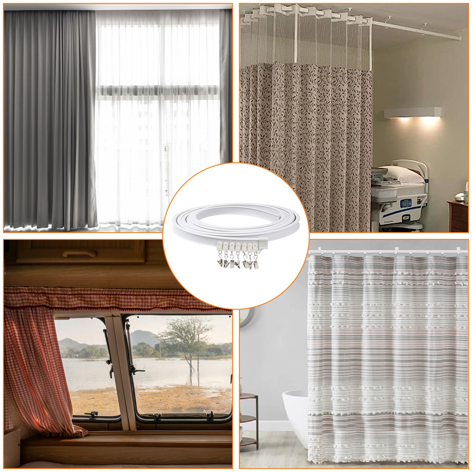 5 m Binario Curvo Tende a Soffitto, 110 Pcs Sistema di Binario Flessibile e Montaggio Accessori, Kit di Binari per Parete Finestre Stanze Divisore Tenda Doccia, Bianco (B)