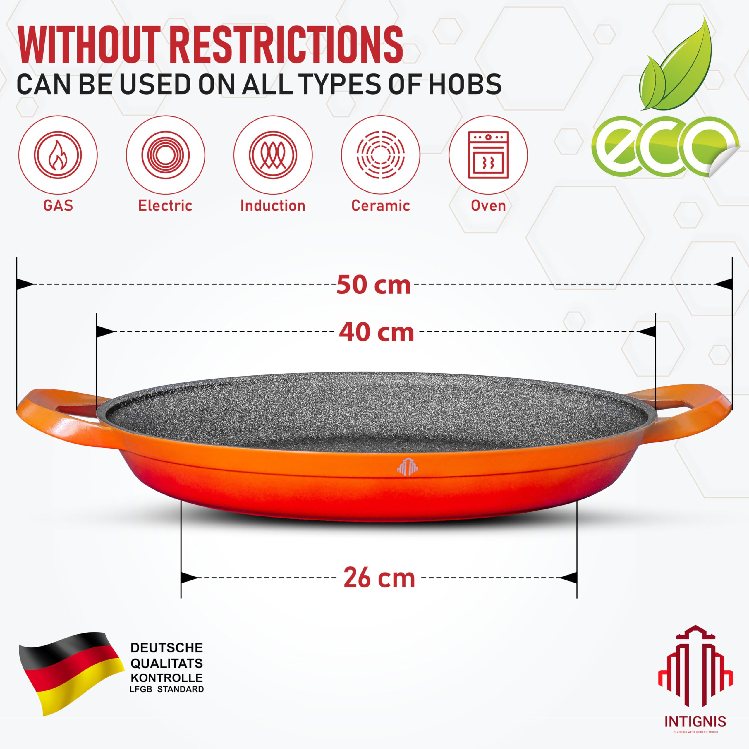 INTIGNIS Poêle à paella professionnelle, grande poêle à frire de 40 cm, aluminium, revêtement en marbre antiadhésif, sans produits chimiques, pour tous les feux à induction, passe au four