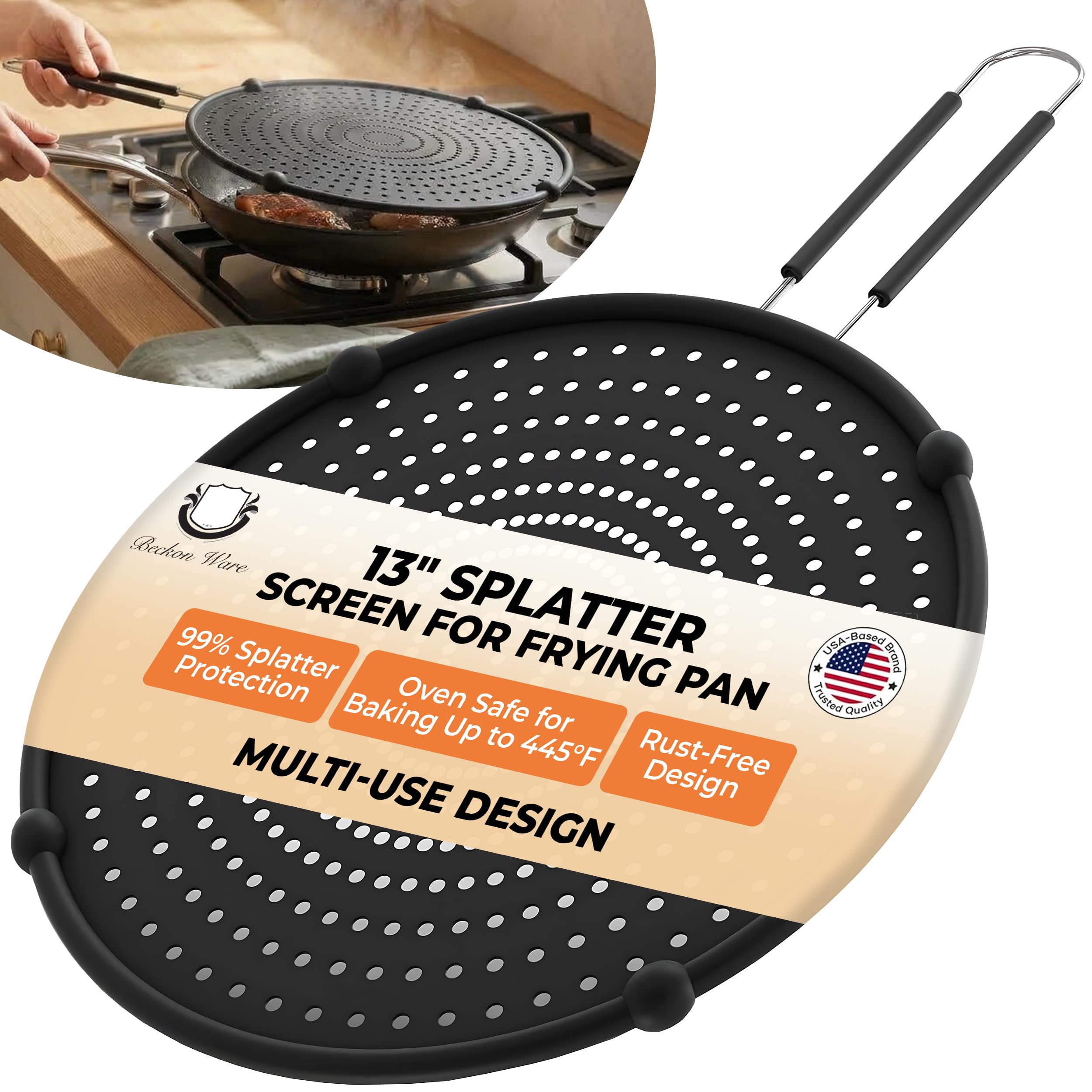 Beckon Ware 13-Inch Splatter Screen for Frying Pan, Silicone, USA Brand