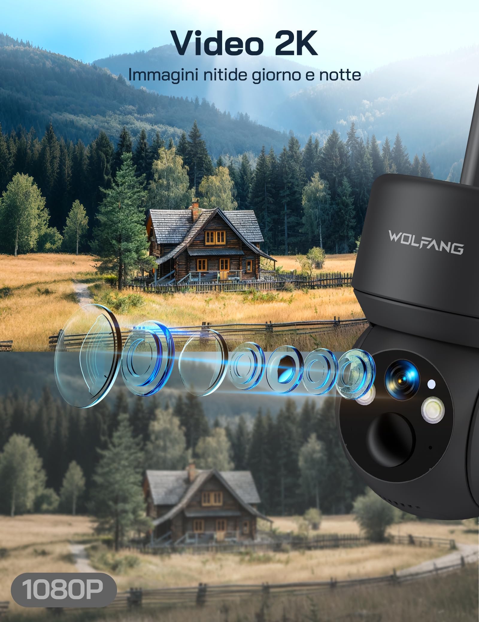 WOLFANG Telecamera Esterno 4G con SIM, Telecamera Esterno 360° PTZ, Visione Notturna a Colori, Rilevazione di Movimento PIR con Allarme, IP66, Audio a 2