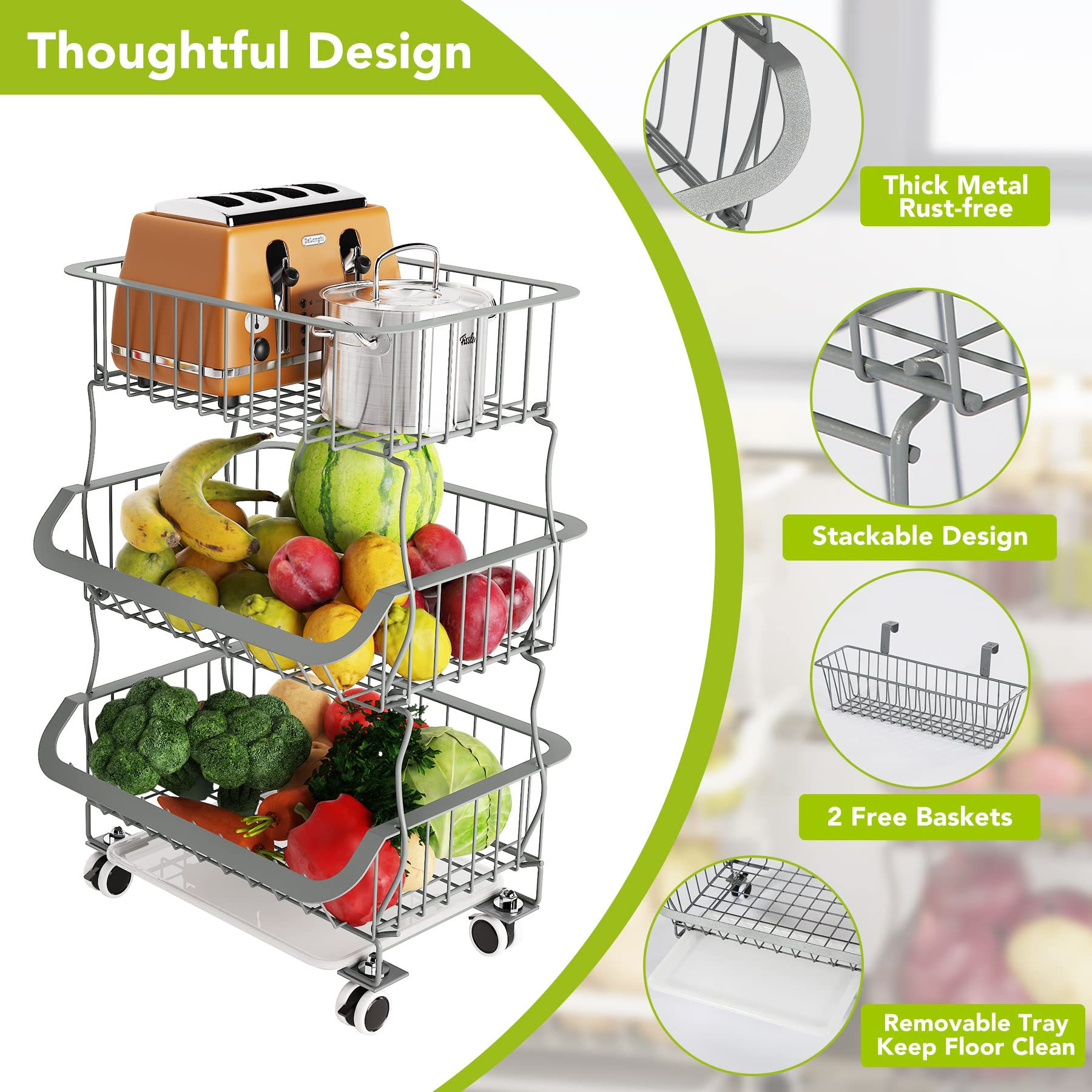 Fruit Vegetable Basket, 1Easylife 3 Tier Stackable Metal Wire Basket Cart with Rolling Wheels, Utility Rack for Kitchen, Pantry, Garage, With 2 Free Baskets (Light Grey)