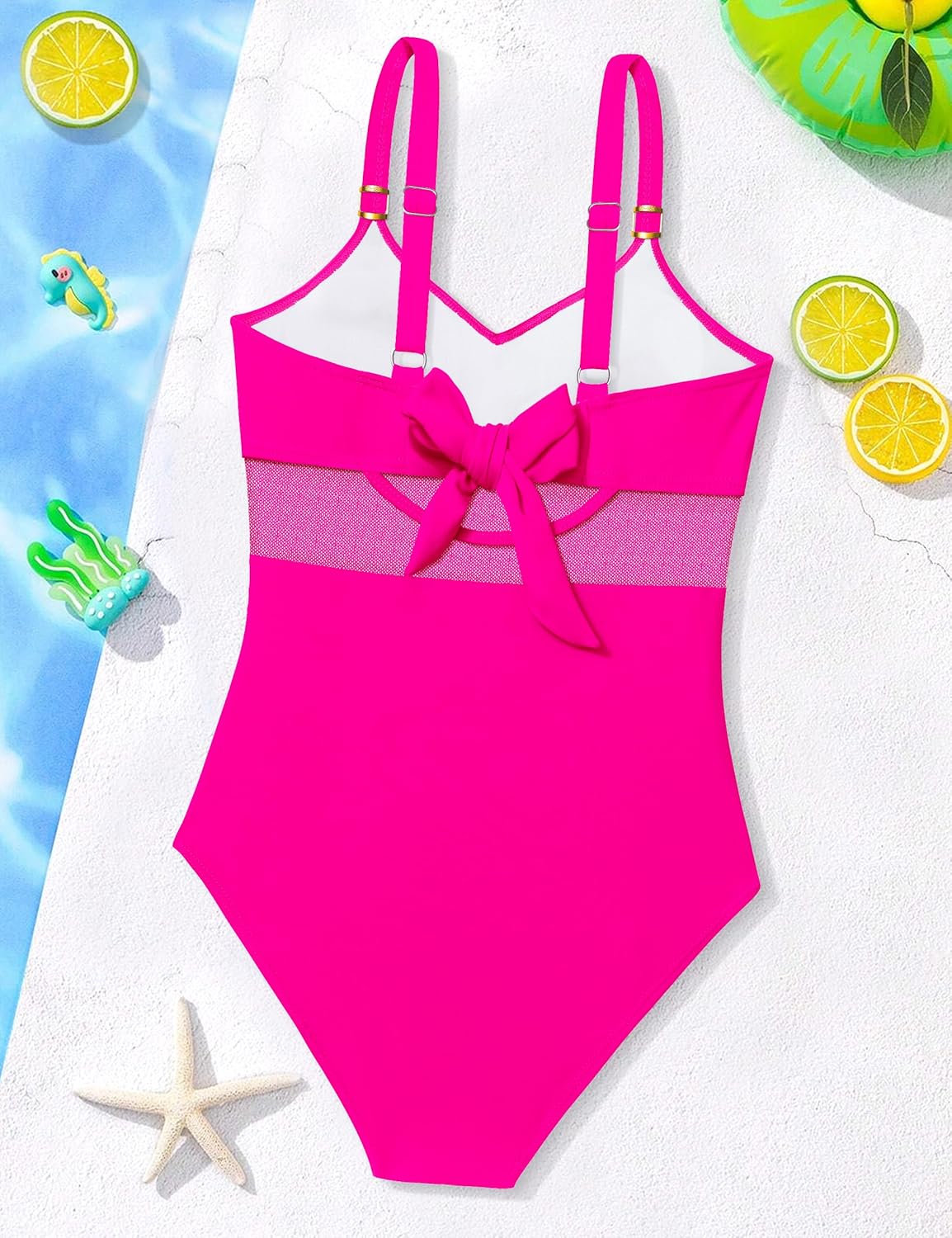 Girls Swimsuit Criss Cross One Piece Swimsuits Wrap Tie Back Sheer Mesh Bathing Suit with Gold Metal Swimwear 9-16Y - Image 7