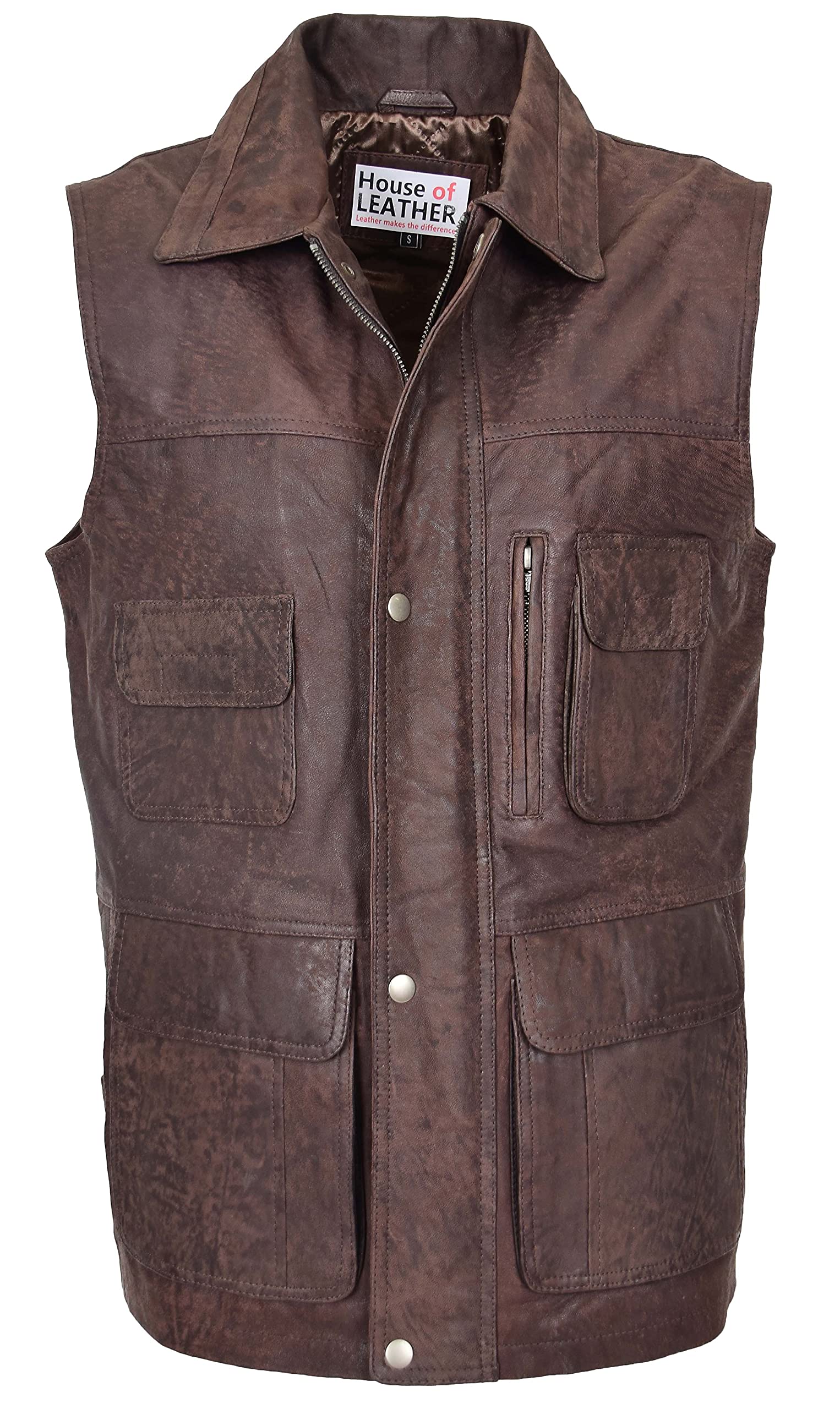 House Of Leather Men's Brown Real Leather Gilet Vest Multi Purpose Waistcoat Roger (2Xl)
