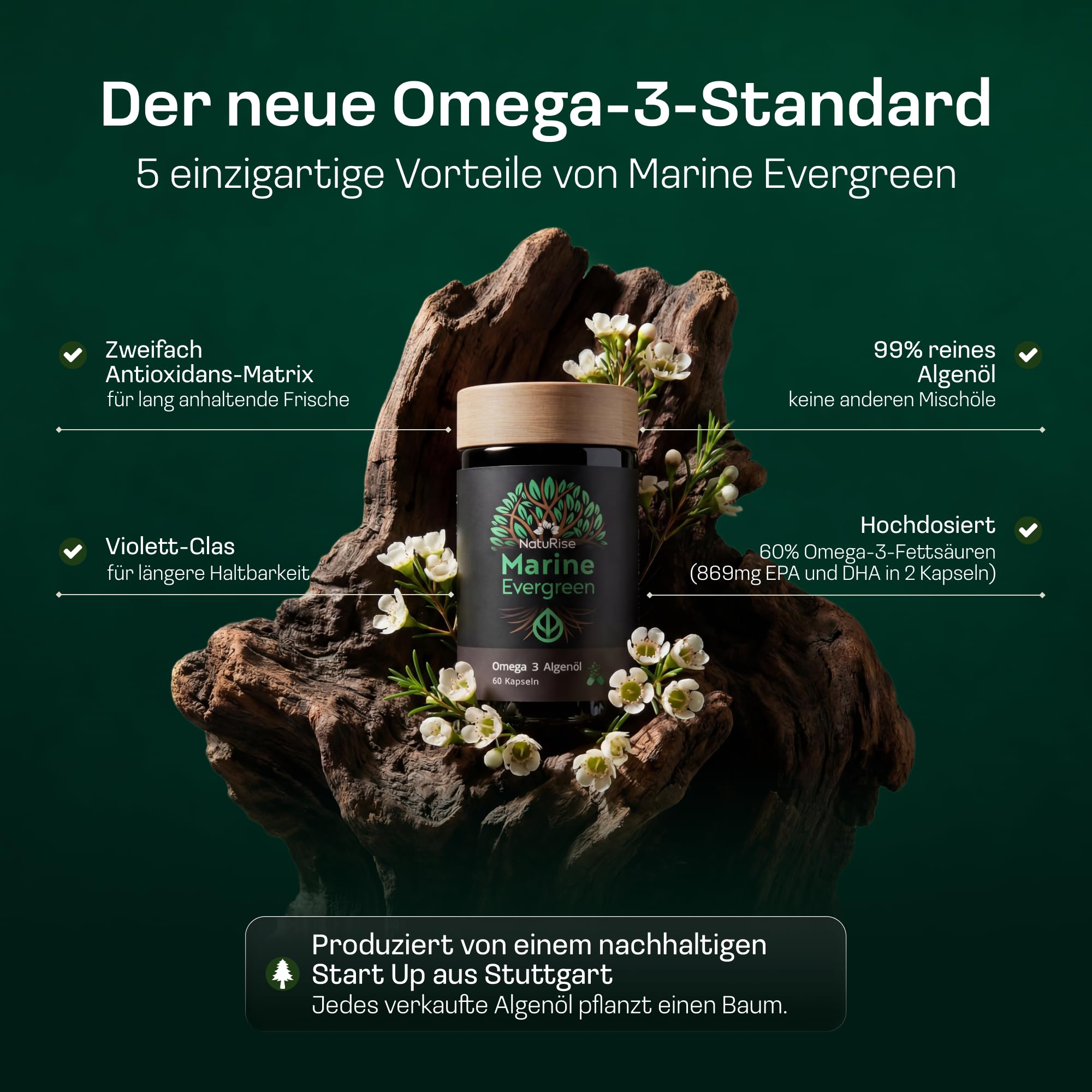 NatuRise® Omega 3 Kapseln Vegan – 1440mg Algenöl pro Tag davon 869mg Omega-3 (DHA, EPA & DPA) – Hochdosiert – 60 Kapseln – Laborgeprüft – Triglycerid-Form – UV-geschützt – Fischöl Alternative