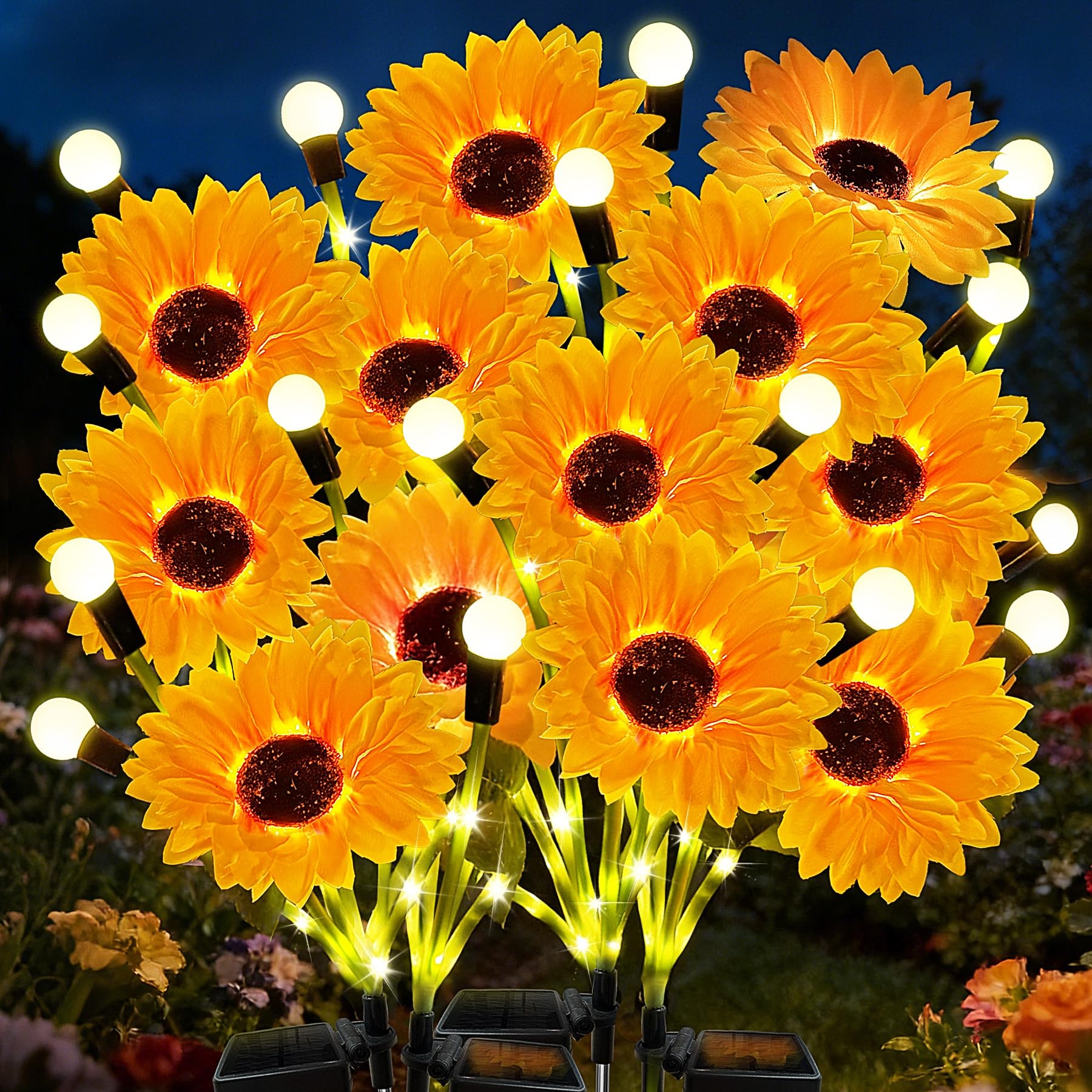 VEEKAY Luci Solari da Giardino,4 Pezzi Girasole Luce Solare Esterno, Luce Solare LED Esterno,IP65 Impermeabile Lampade Solari da Giardino,per Patio,Prato