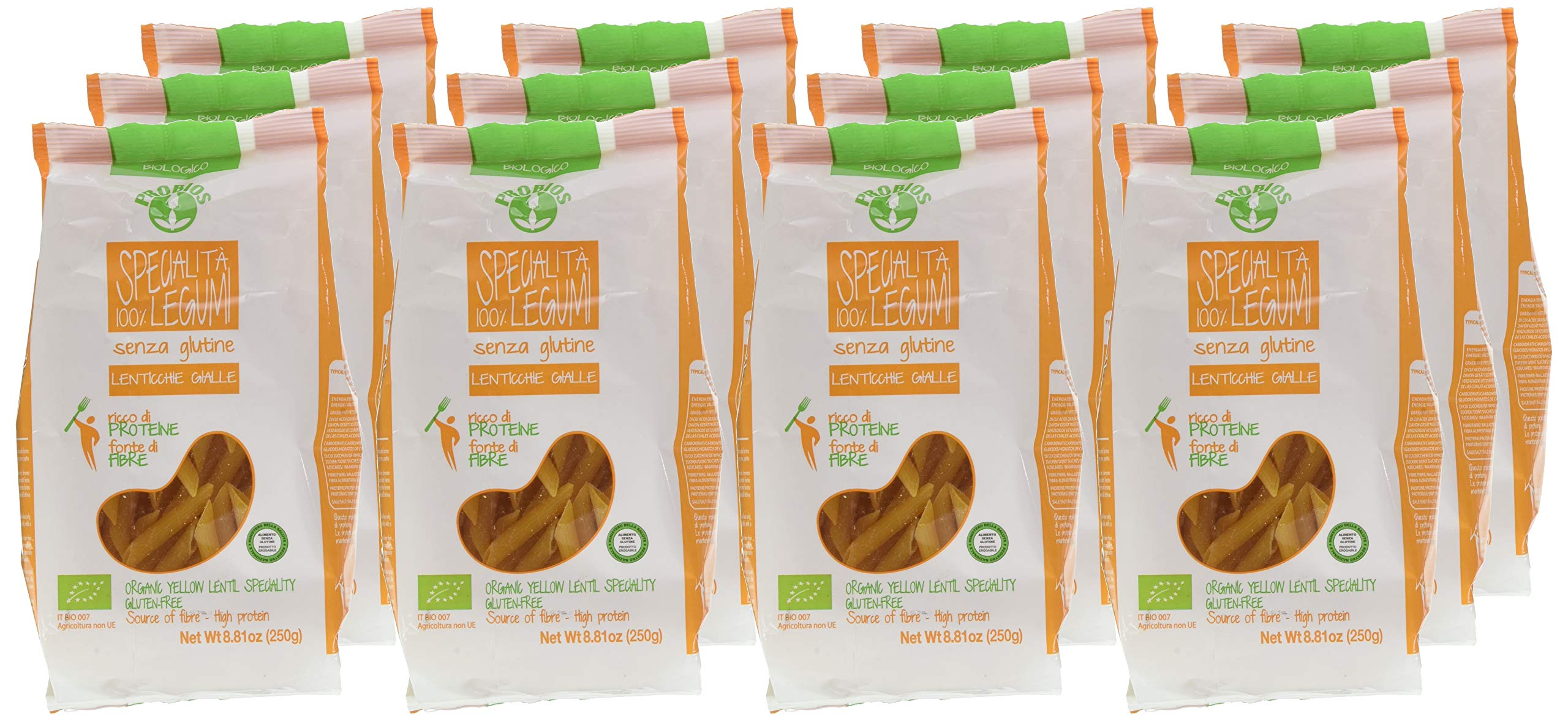 Probios Penne 100% Lenticchie Gialle Bio senza Glutine - Confezione da 12 x 250 g