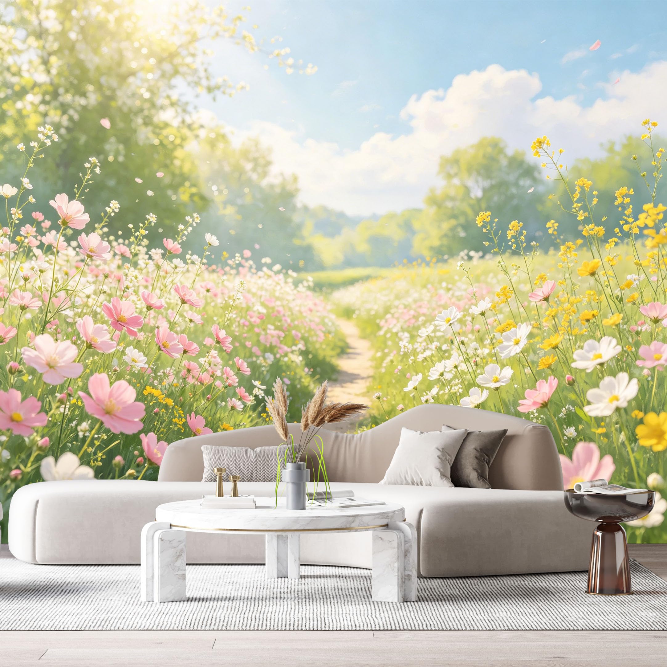 Custom Size Wall Murals Botanical Flower Meadow Landscape Path Sunshine Blooming Field SelfAdhesive Wall Fabric Removable Large Wallpaper for Photo Living Room