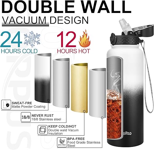 Miniatura 4 de GOPPUS Botella de agua aislada de 40 onzas con tapa con popote, botella de agua deportiva de acero inoxidable, botella de agua de boca ancha,