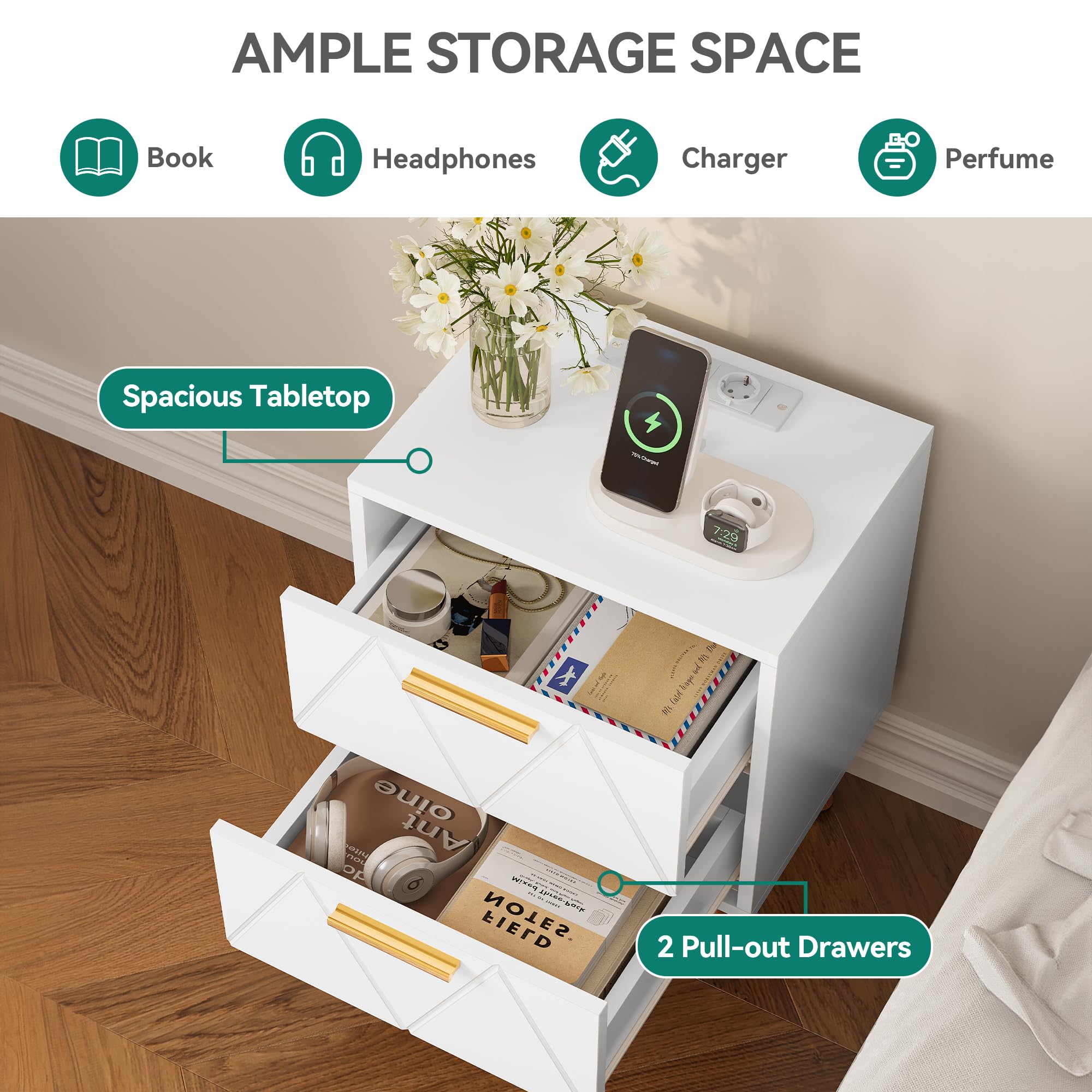 YITAHOME Comodino con 2 cassetti, 2 Porte e Prese USB, Comodino con Gambe e Maniglie in Metallo Dorato, Tavolino con Spazio per Riporre Oggetti per Soggiorno, Camera da Letto, 40x30x52 cm, Bianco