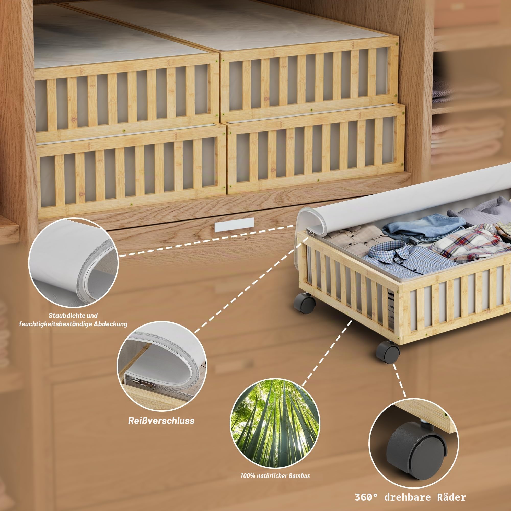 Bambus-Unterbett-Aufbewahrungsbehälter mit Rollen, 2 Stück, groß unter dem Bett, Schuhaufbewahrungsbehälter, Holzschubladen, Organizer für Schlafzimmer, Schrank, Kleidung, Decke, unter dem Kinderbett
