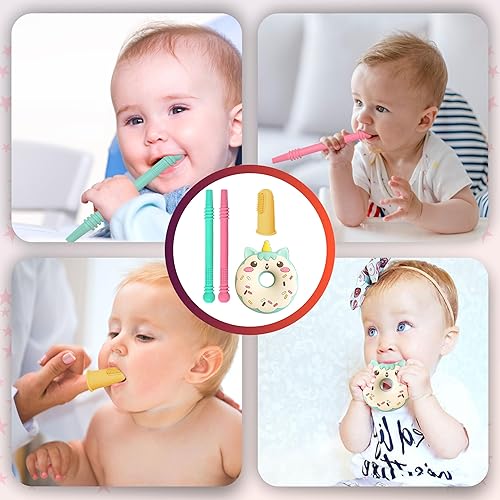 Miniatura 6 de Juguete mordedor para bebé, paquete de 4 con 2 tubos de dentición huecos, 1 mordedor de dona, 1 cepillo de limpieza y cepillo de dientes, 100% grado