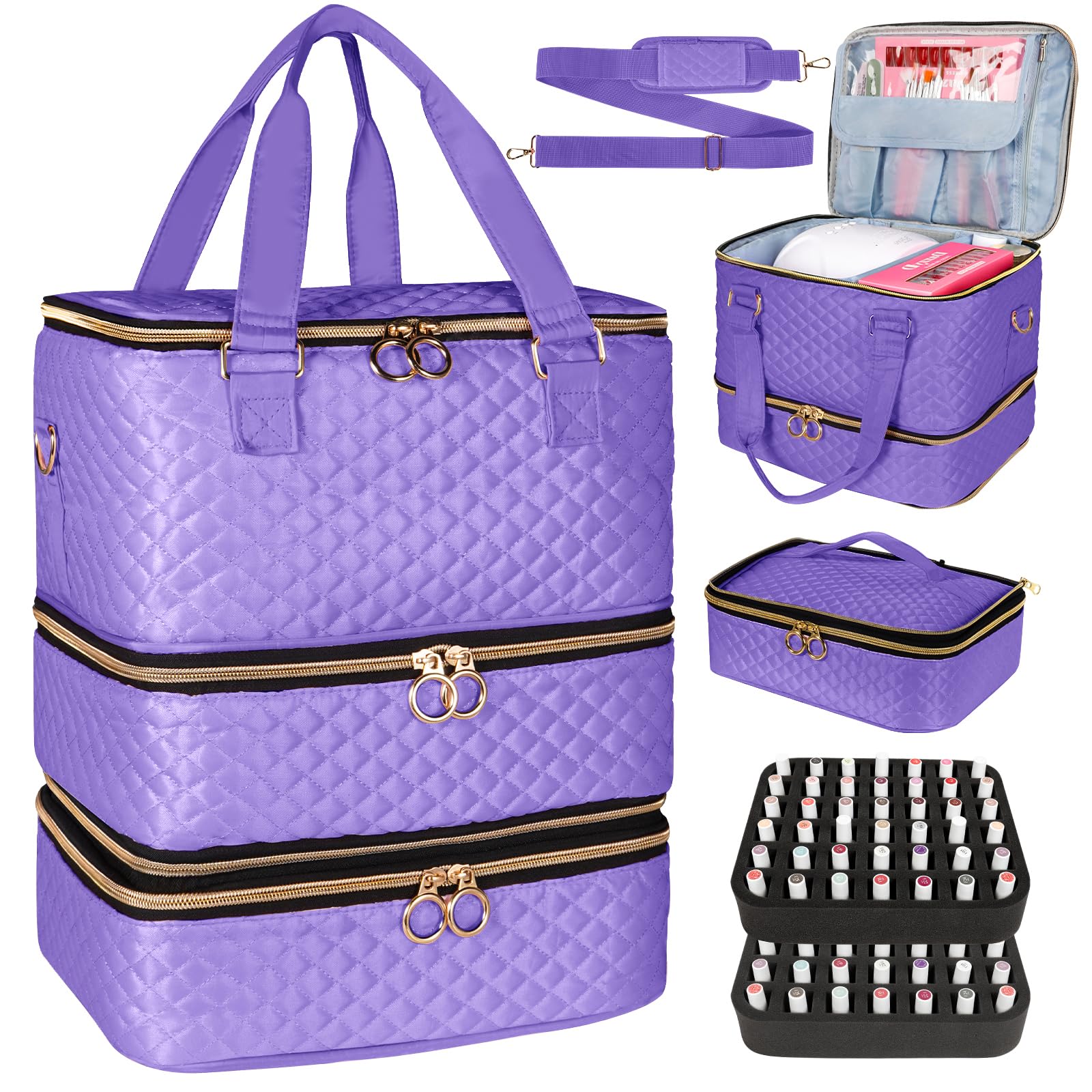 MZTXY Nail Polish Organizer Bag, 3 Layers Nail Kit Organizers and Storage Case Holds 84 Bottles(15ml/0.5fl.oz)& Nail Lamp, Large Shoulder Bag Travel Carrying Case Box for Nail Supplies