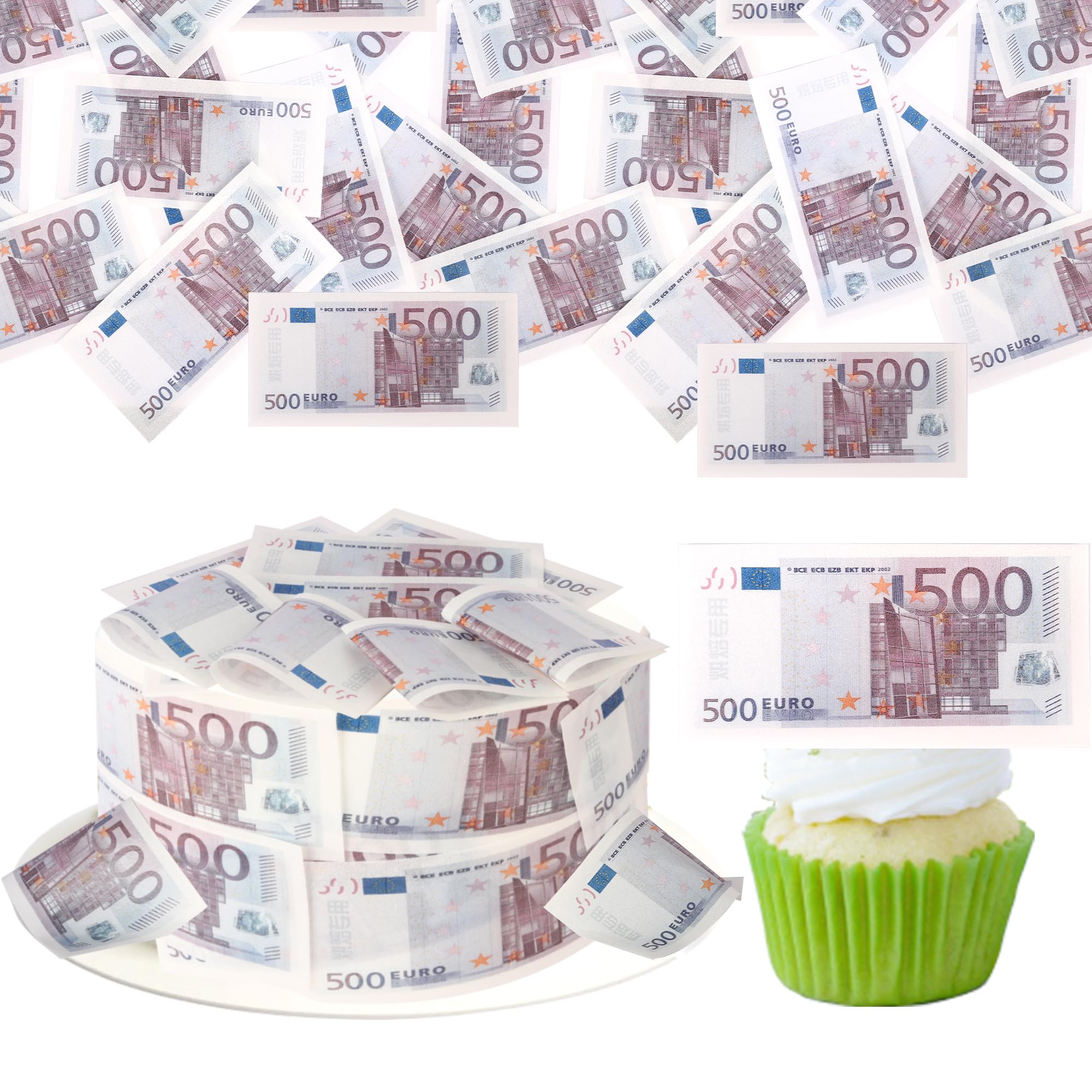50 Stück Essbare 500 Euro Bill Bild Kuchen Deko Waffelpapier Gefälschtes Geld Tortendeko 500 Euro Cake Toppers für Geld Thema Baby Dusche Männer Frauen Geburtstag Party Kuchen Dekoration