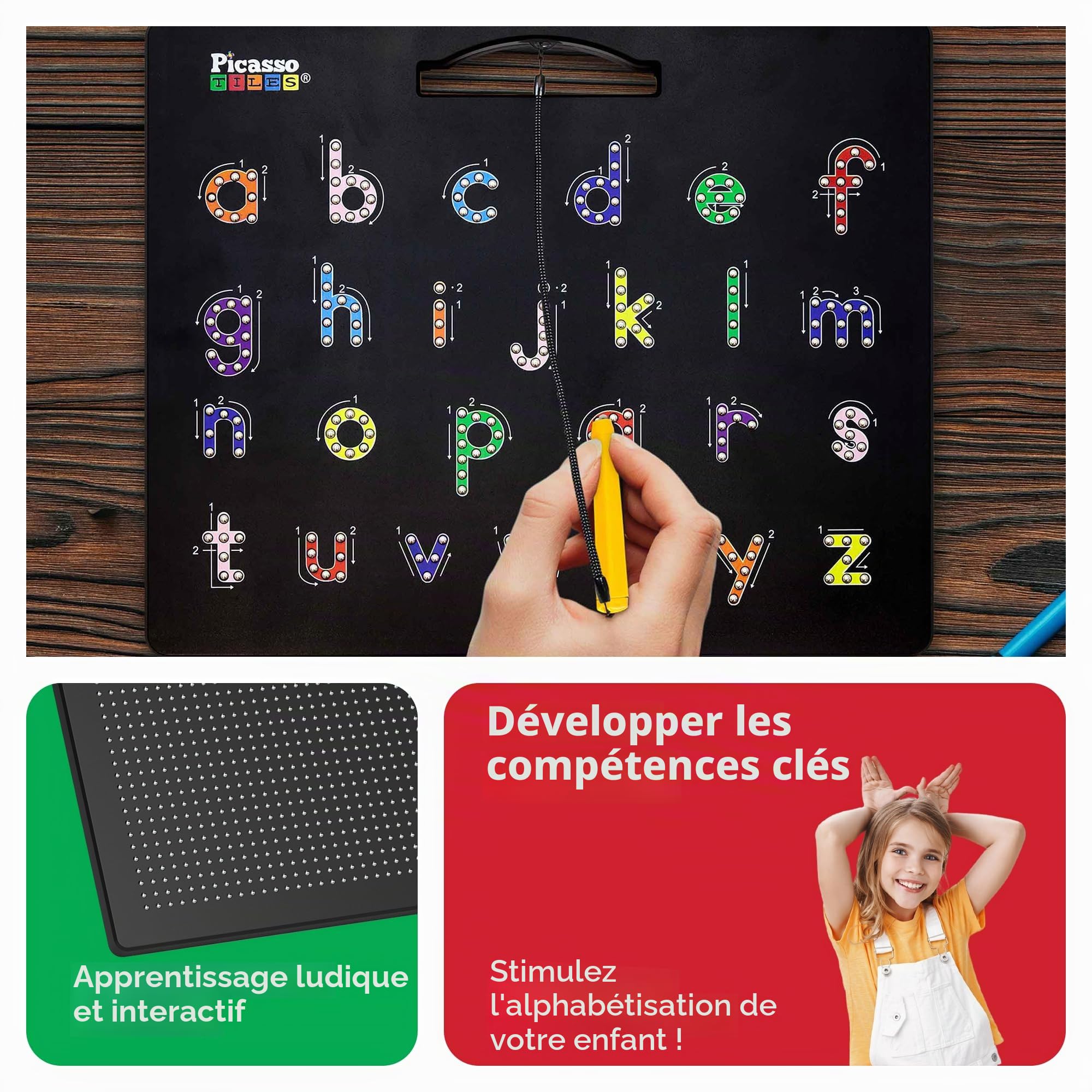 PicassoTiles Tableau alphabet magnétique double face 2 en 1 ABC A-Z lettres majuscules et lettres minuscules tableau de lecture 30 x 25 cm grand support magnétique pour tablette ensemble ouvert
