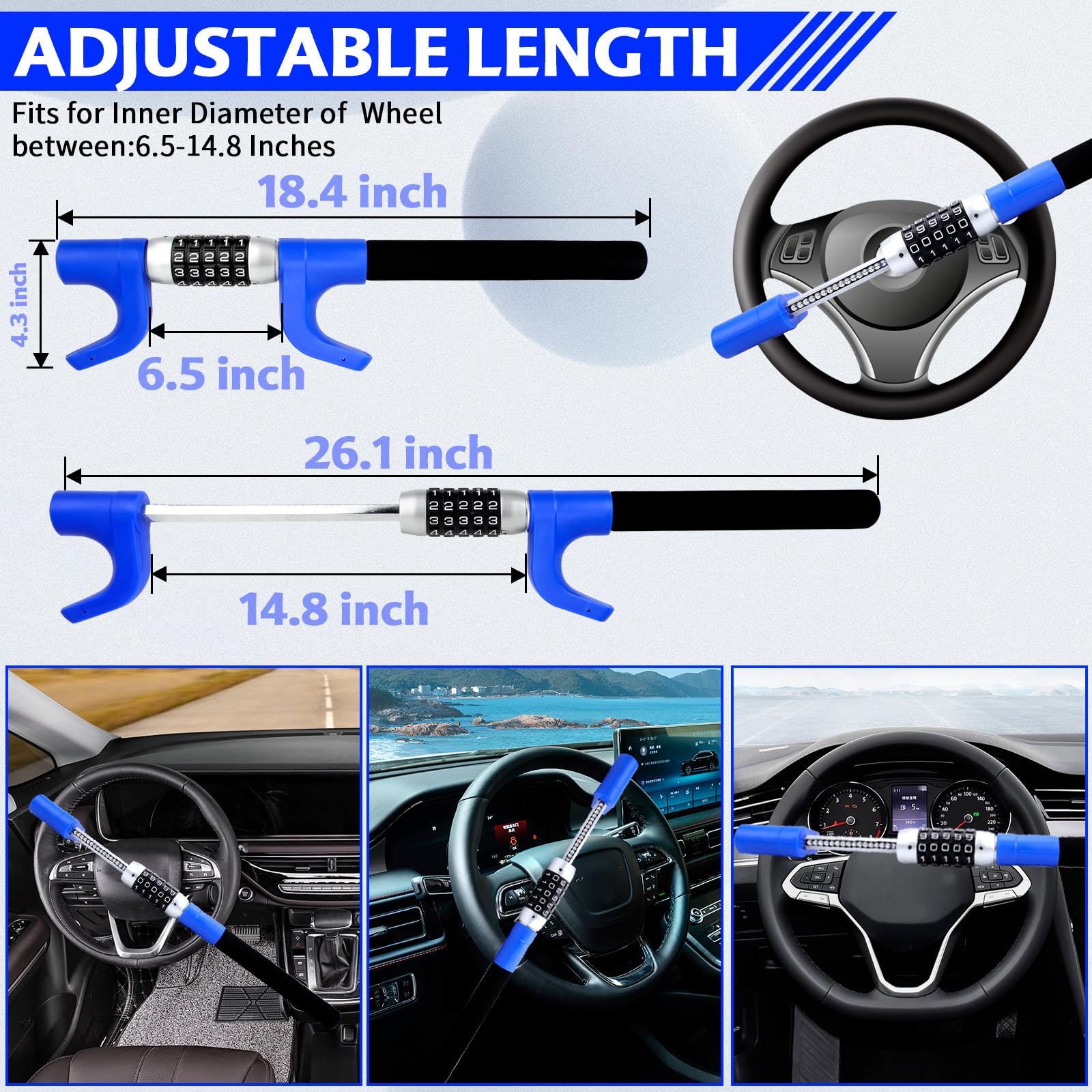OPL5 Car Wheel Lock Anti-Theft Device, Password High-Security Vehicle Lock, Adjustable Heavy-Duty Protective Retractable Universal Steering Lock for Cars, SUVs, Trucks?Blue?
