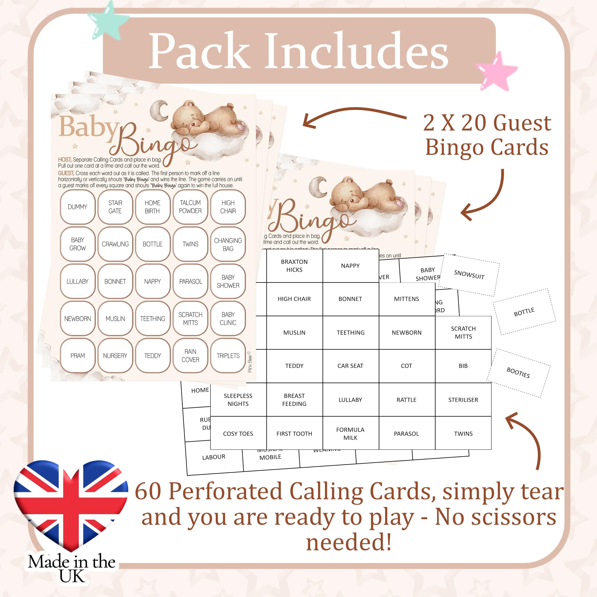 Pink Bee Parties (2 packs of) Bingo Baby Shower Game in Teddy Bear Theme - 40 Players, Cream, 40 Players (2 Packs of 20 Bingo Cards) - Image 3