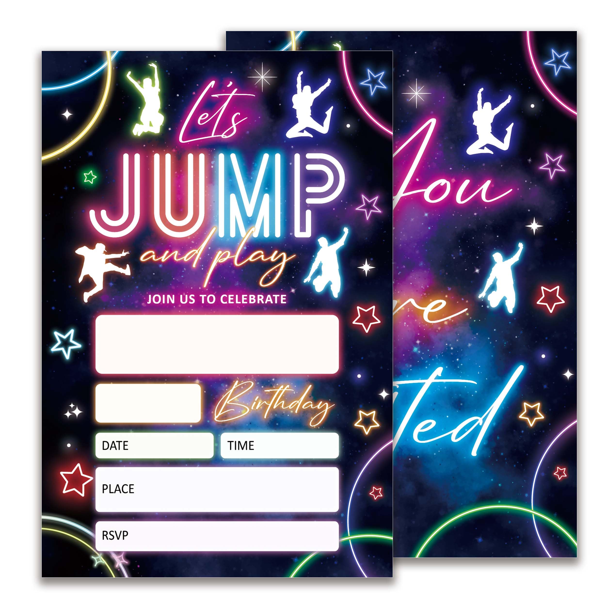 Glow Jump Birthday Party Invitations, Neon Party Birthday Invitations for Boys Girls, 20 Double-Sided Design Birthday Invites with Envelopes (4x6 In), Birthday Party Supplies Favors-A05
