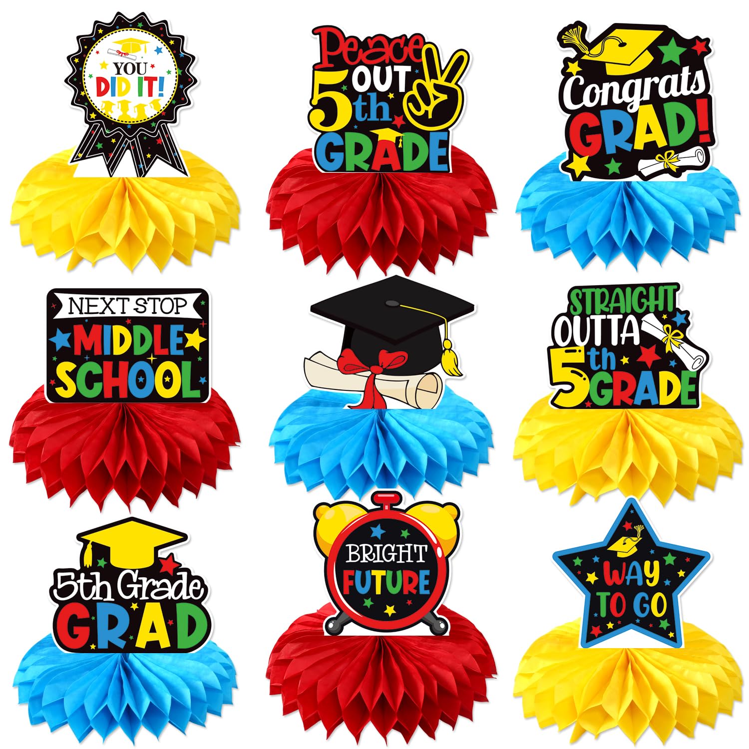 5TH Grade Graduation Honeycomb Centerpieces, 5th Grade Graduation Decorations 2025, Boys Girls Fifth Grade Grad Party Supplies, Elementary School Grad Party Decorations - 9Pcs