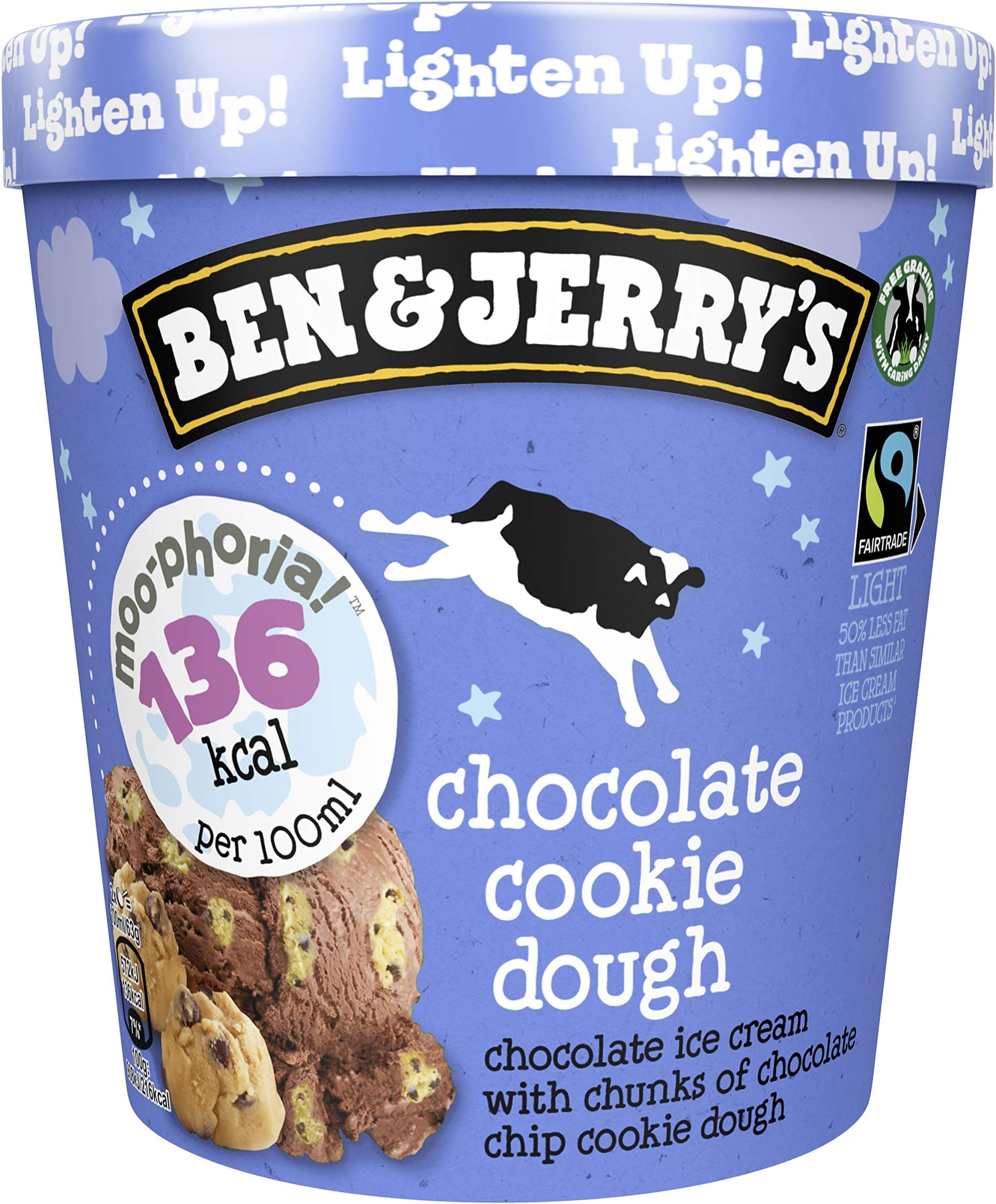 Ben & Jerry's Moo-phoria Chocolate Cookie Dough Ice Cream Tub, low calorie dessert Light Ice Cream with the chunks and swirls you love frozen dessert, 465ml (Frozen)