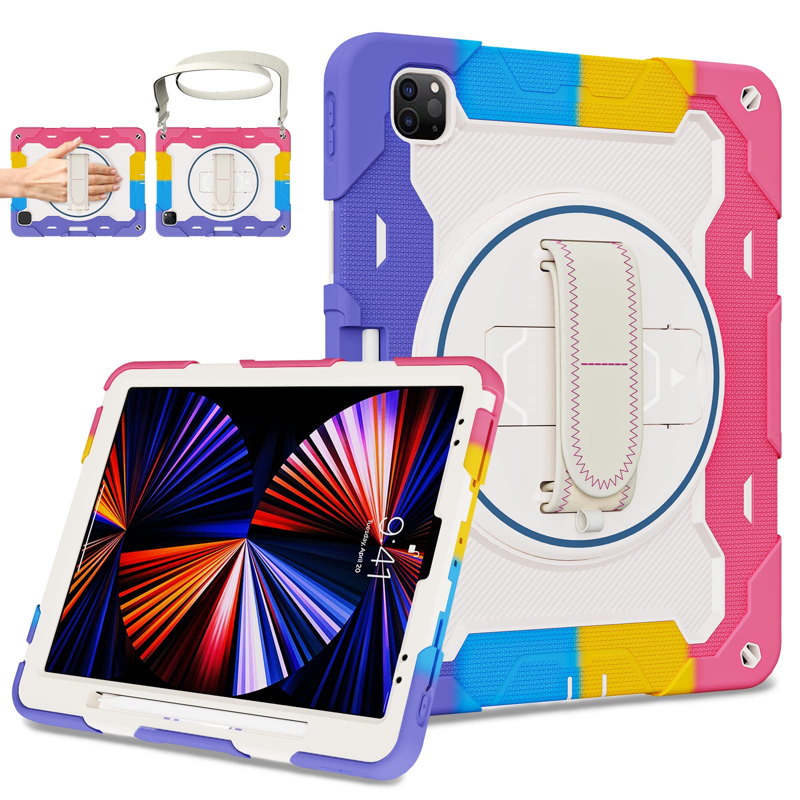 ROSROME for iPad Pro 12.9 inch Case 6th / 5th / 4th / 3rd Generation for Girls with Screen Protector [15ft Drop Protection] with 360 Kickstand Hand Strap Pencil Holder for 12.9 Inch iPad