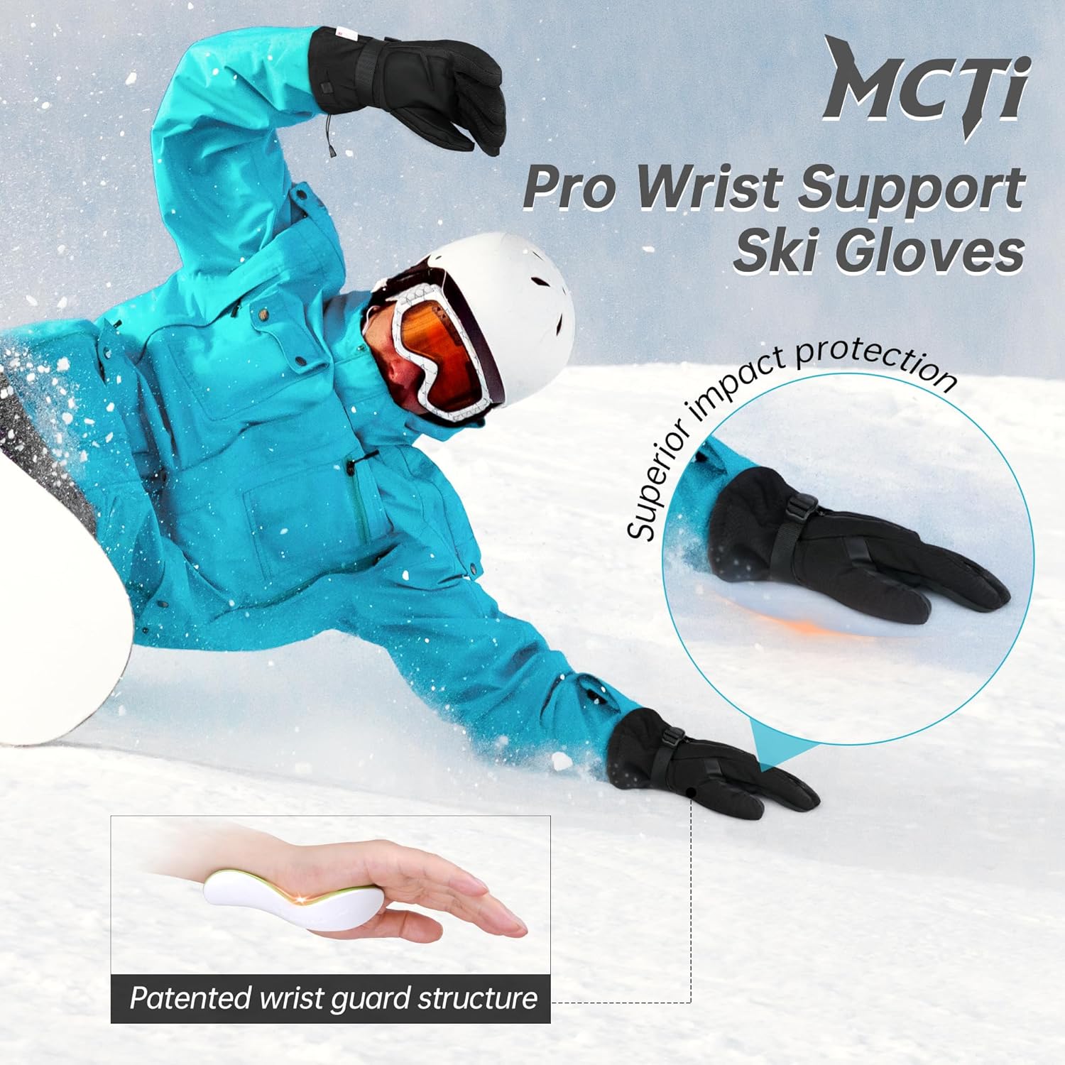 MCTi Pro Wrist Support Ski Gloves for Men, Winter Snowboard Gloves with Wrist Guard, Waterproof, 3M Thinsulate Warm, High Abrasion Resistance - Image 2