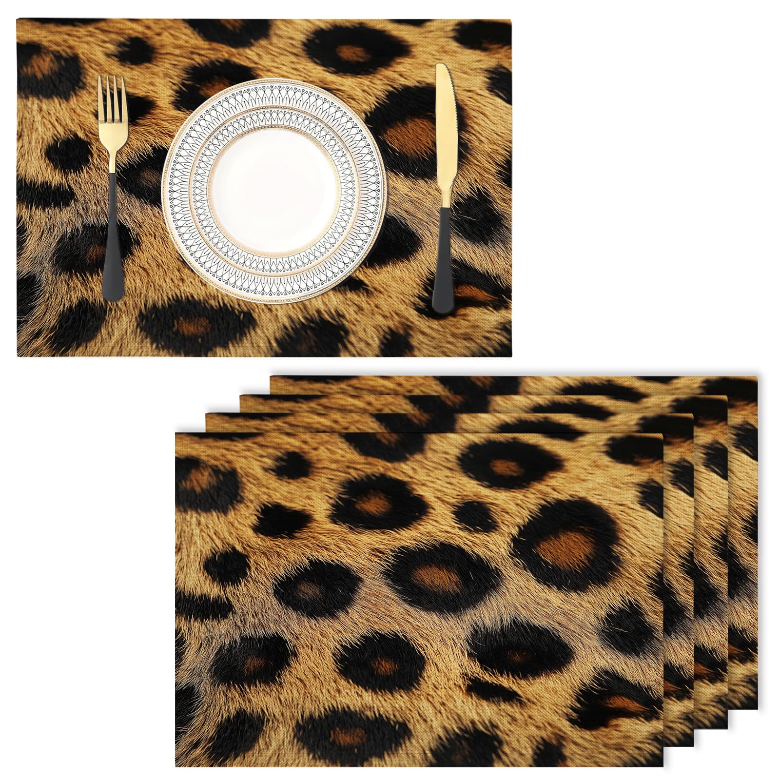 Set de table en lin et coton premium imprimé léopard brun x8