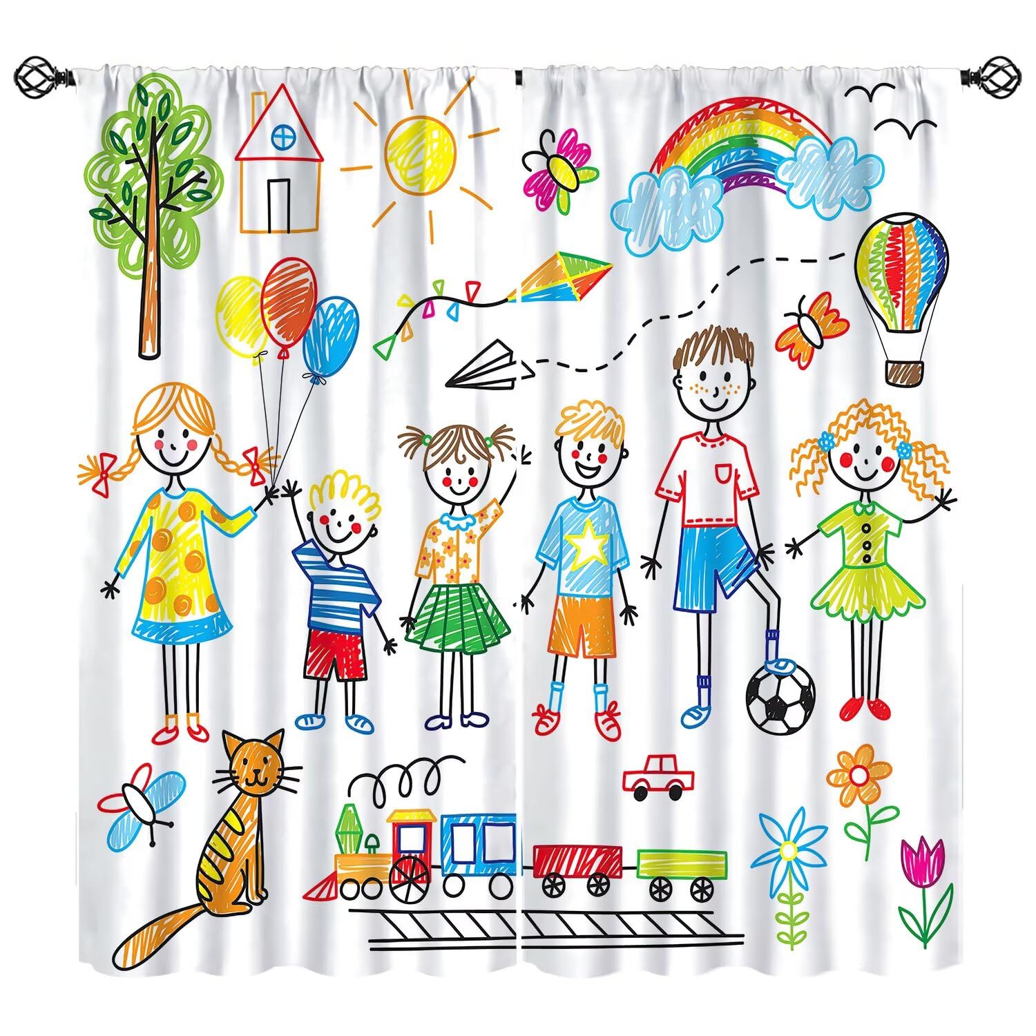 FengMingRui Kids Study Curtains Friend Partner Pencil Painting Educational Learning Blackout Window Treatments for Kids Girls Toddler Bedroom Window
