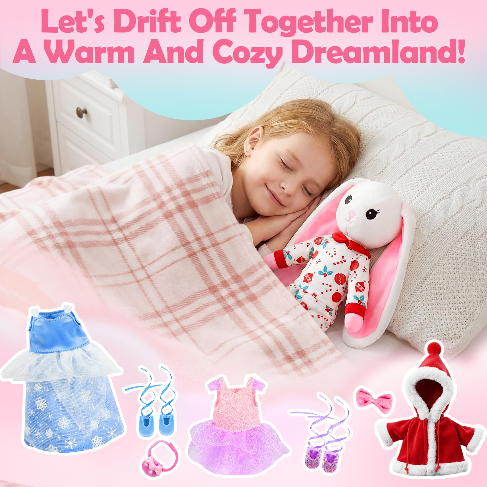 Ballerina Doll Stuffed Animals Girl Toys Age 3-8, Bunny Stuffed Animal, Ballet Dress Up Doll, Kids Pretend Play with 4 Set Clothes, Cape,Plush Bag 3 4 5 6 7 8 Year Old Girl Gifts Dance Recital Gifts