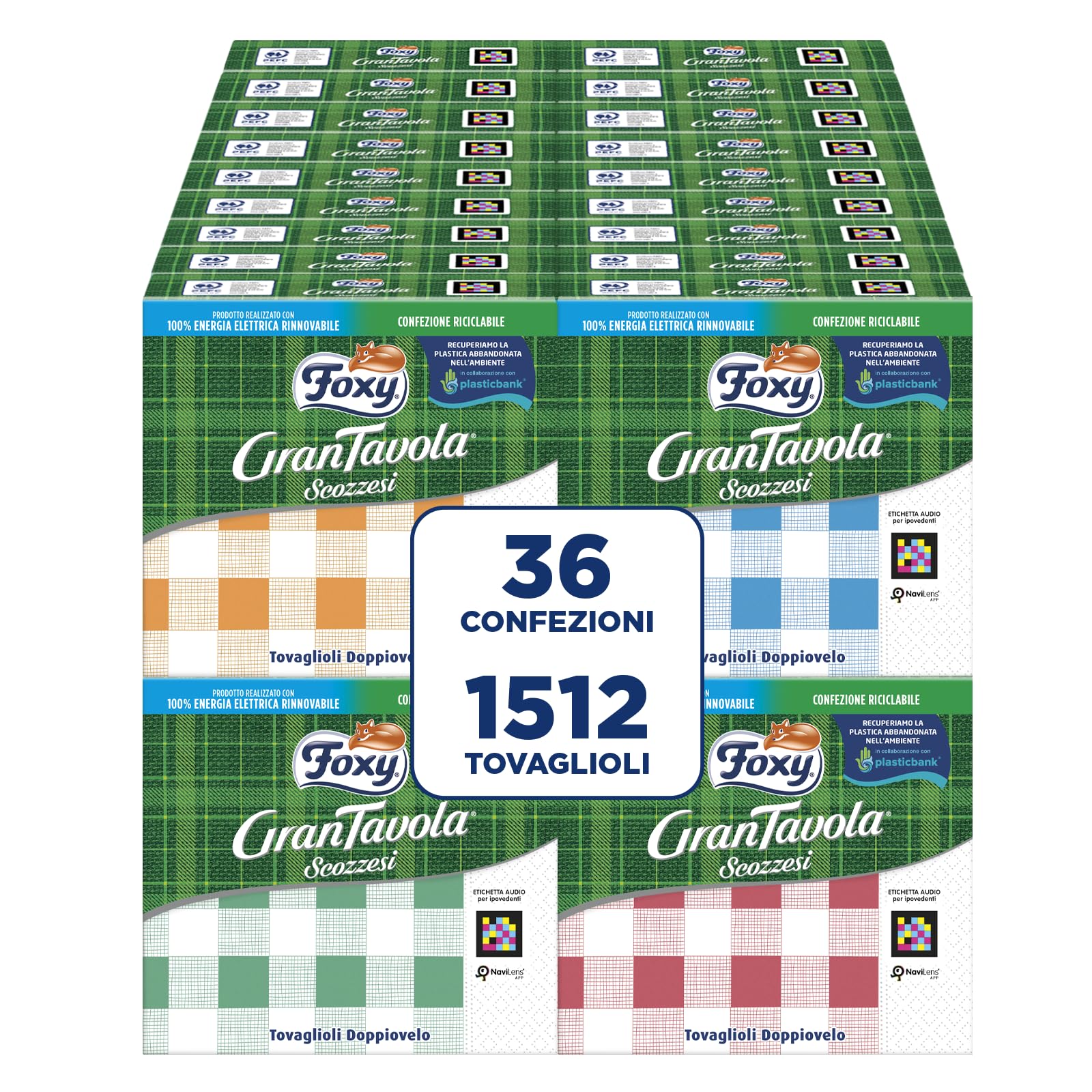 Foxy GranTavola Escocesa | Servilletas de doble capa | 36 paquetes de 42 unidades 32 x 32,5 cm | Decoración escocesa 4 colores | PEFC | 100% energía eléctrica renovable | Paquete 100% reciclable