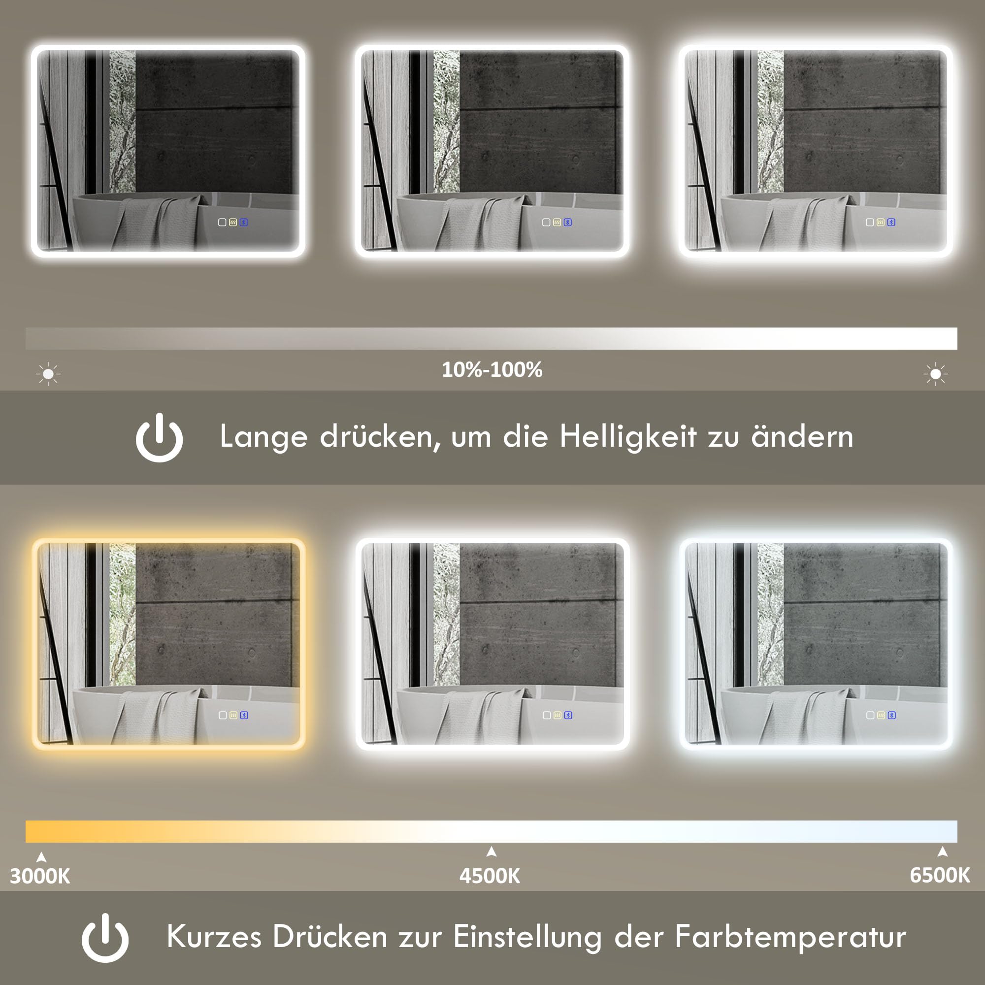 HOMCOM Badspiegel mit Beleuchtung 90x70 cm dimmbar LED Spiegel mit Touchschalter Bluetooth Memory-Funktion 3 Lichtfarben, Beschlagfrei Wandspiegel Lichtspiegel Silber