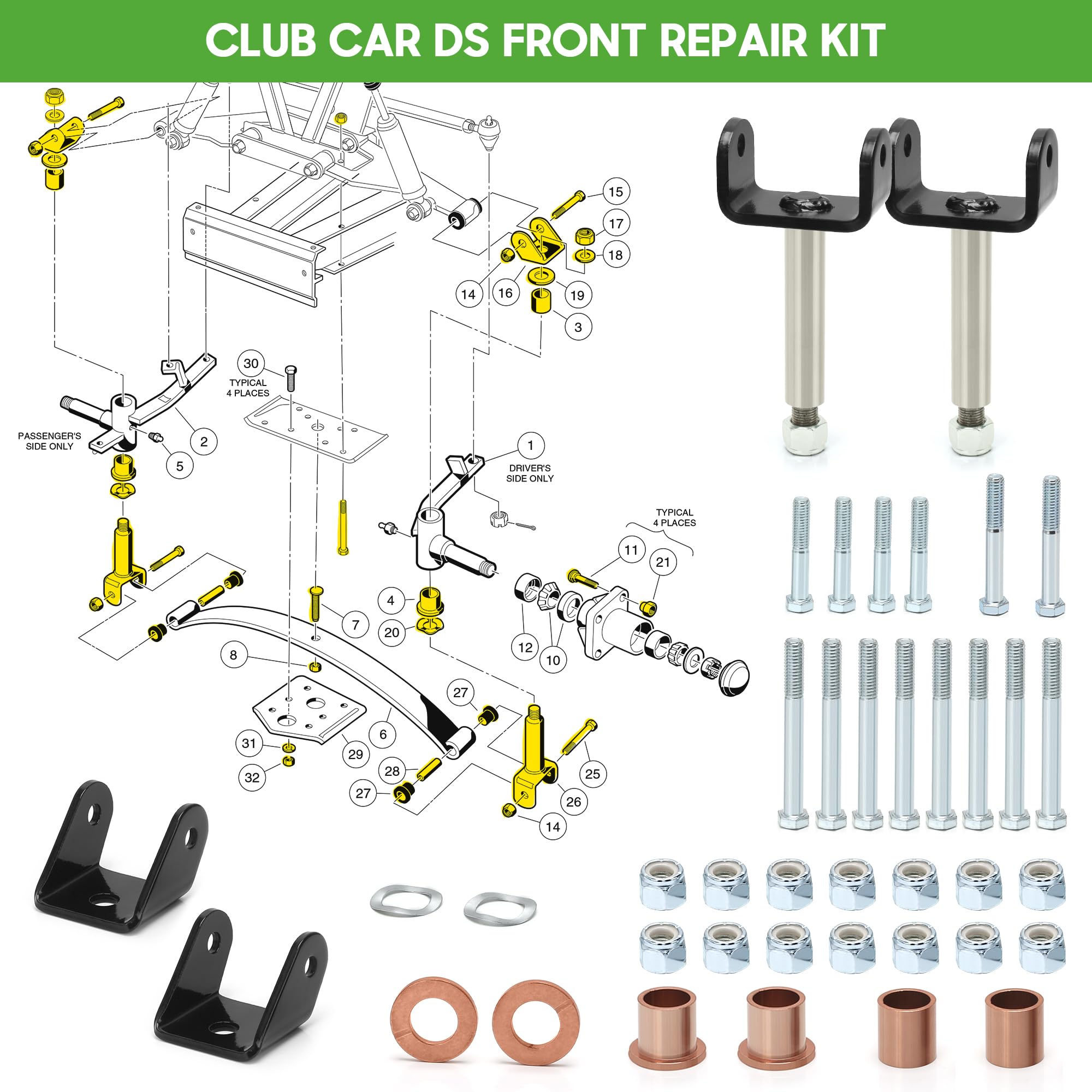 10L0L Kit di boccole di riparazione per carrelli da golf, kit di boccole di riparazione anteriore e posteriore per Club Car DS dal 1993 in poi, kit di sospensione anteriore superiore/inferiore