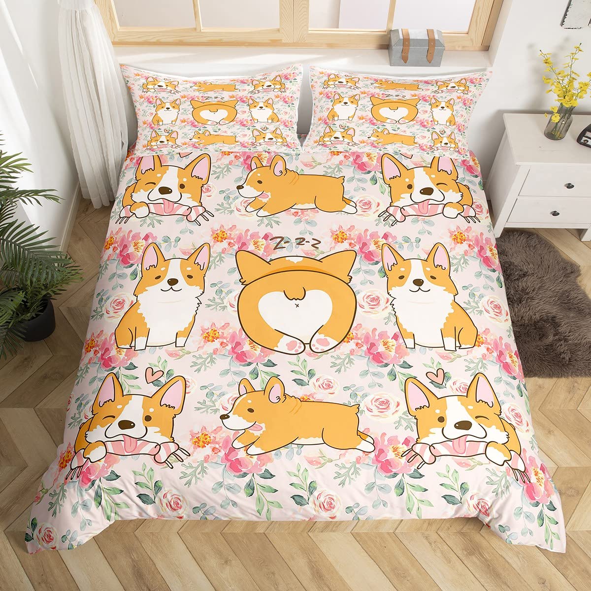 Corgi Kawaii Kids Duvet Cover Set Queen Size,Cartoon Dog Animal Bedding Set,Girls Boys Adults Home Bedroom Decor,Floral Leaves Botanical Comforter Cover,Bright Romantic Quilt Cover,3pcs,2 Pillowcases
