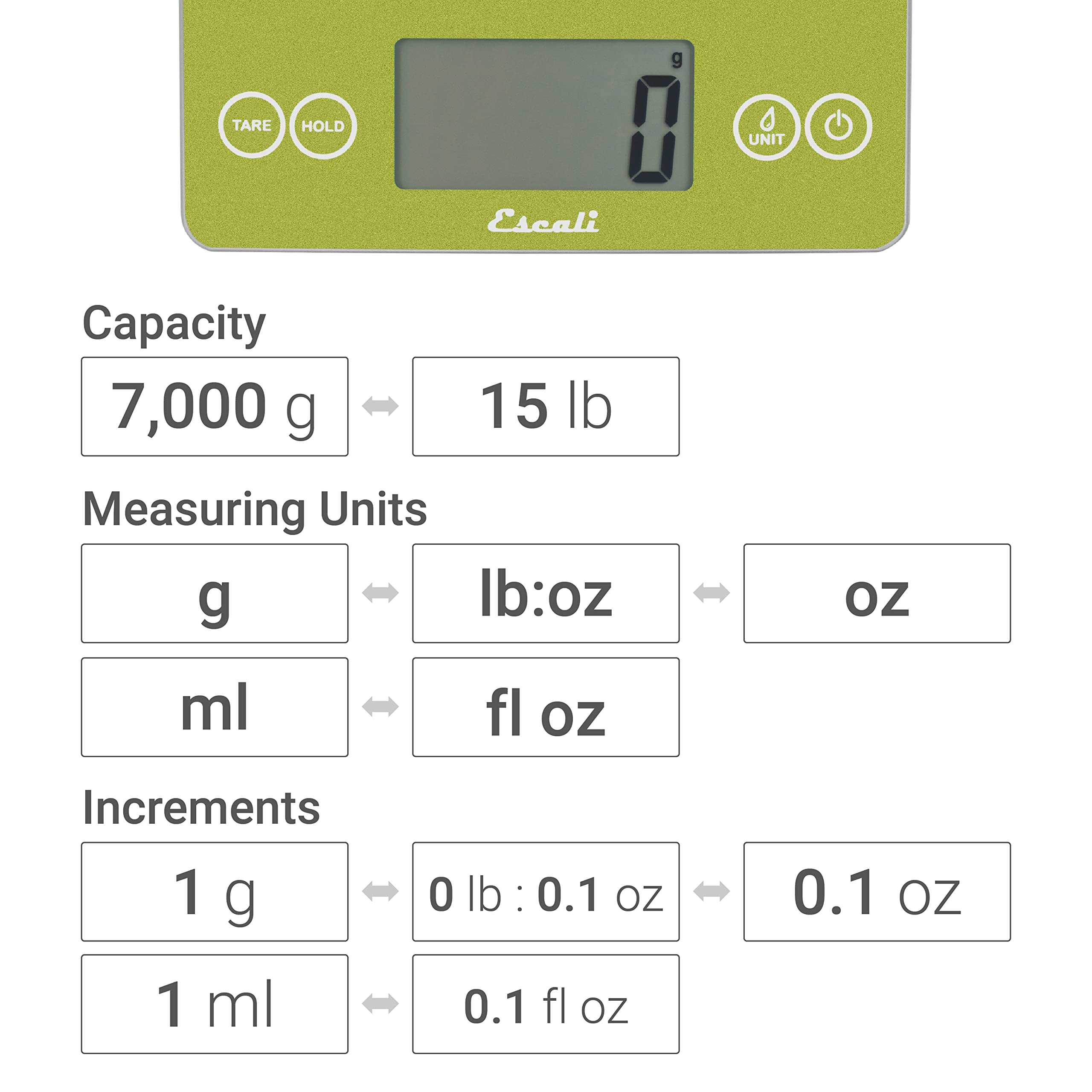 Escali 157SCG Báscula de Cocina Arti Glass, Báscula Digital con Pantalla LCD, Accesorio de Menaje de Cocina, Negocios y Ocio, 6.8 kg, Verde Suculento, 23 x 16.5 x 2 cm