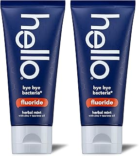 Hello Bye Bye Bacteria, Antibacterial Toothpaste with Fluoride, Bad Breath Toothpaste, Zinc, Tea Tree Oil, BPA Free, Anticavity, Vegan, Gluten Free, Herbal Mint Flavor, 2 Pack, 4 OZ Tubes