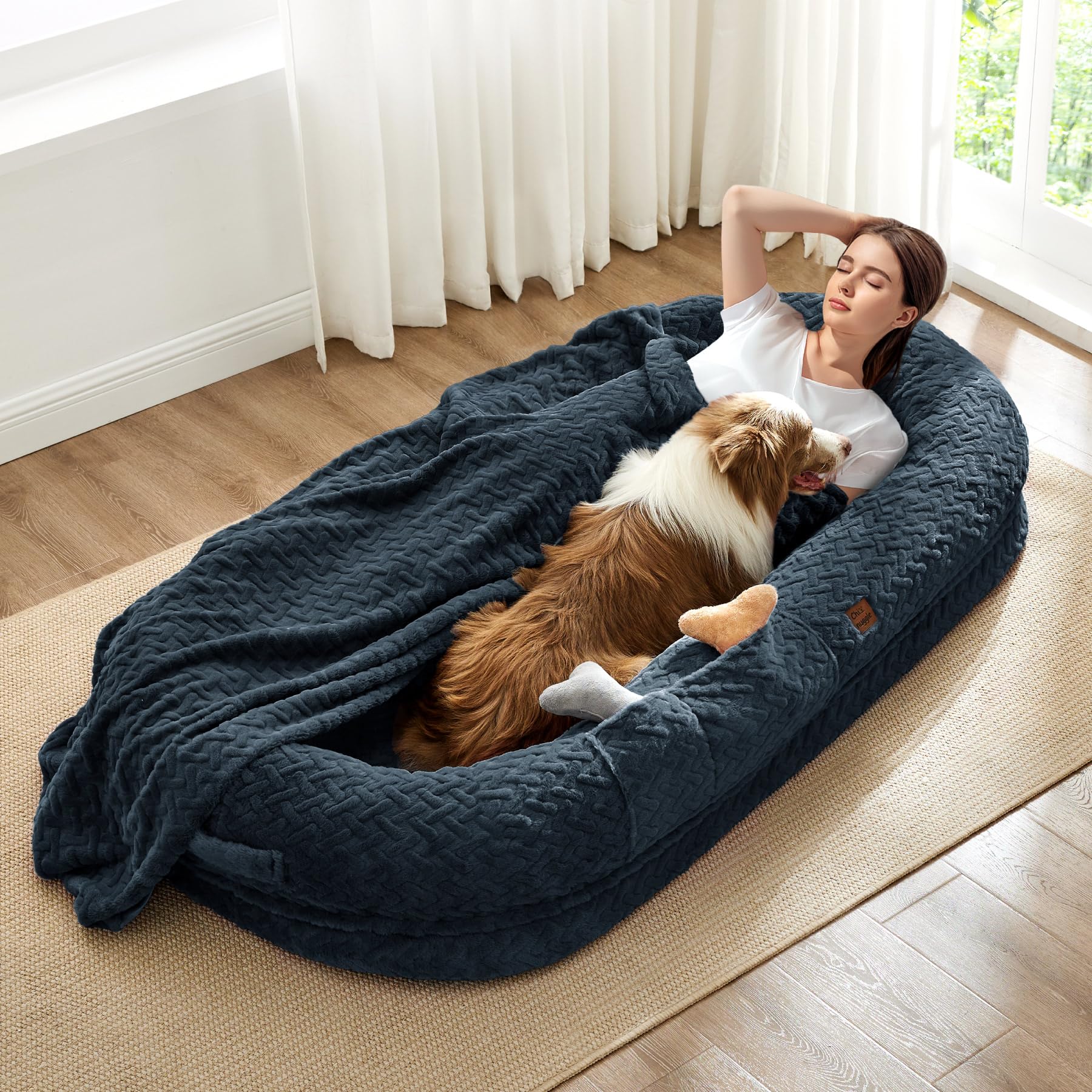 Adult Dog Bed, Luxury Faux Fur Dog Bed with Portable Handle, Orthopedic Foam with Blanket, 183 x 101 x 25 cm, Navy Blue
