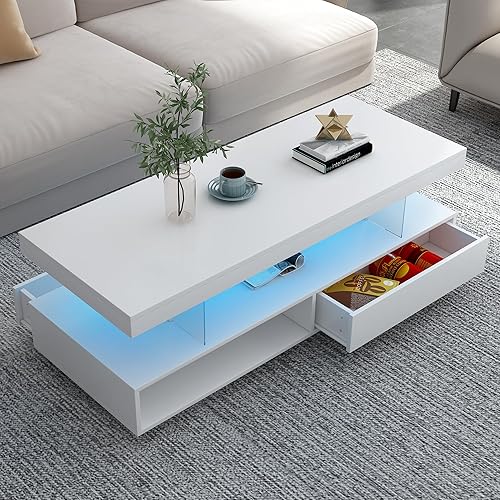 Miniatura 3 de Moderna mesa auxiliar LED con almacenamiento, mesa central de cóctel de alto brillo con cajones, estantes de exhibición y luces LED para sala de