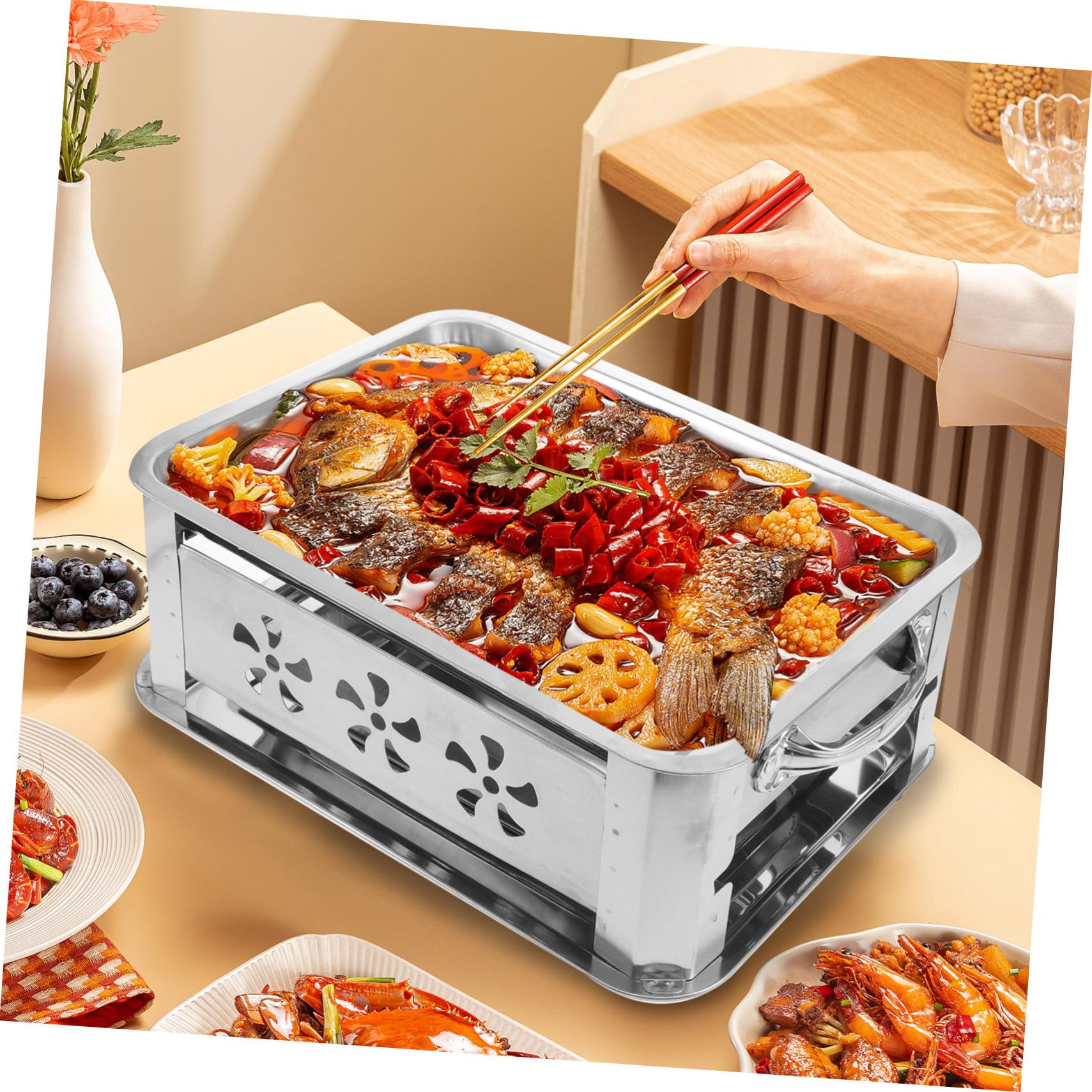 MAGICLULU Edelstahl Buffetpfanne Dickwandig mit Tablett Rechteckige Warmhalteplatte für Grill und Camping Vielseitiger Speisenhalter für Küche und Outdoor