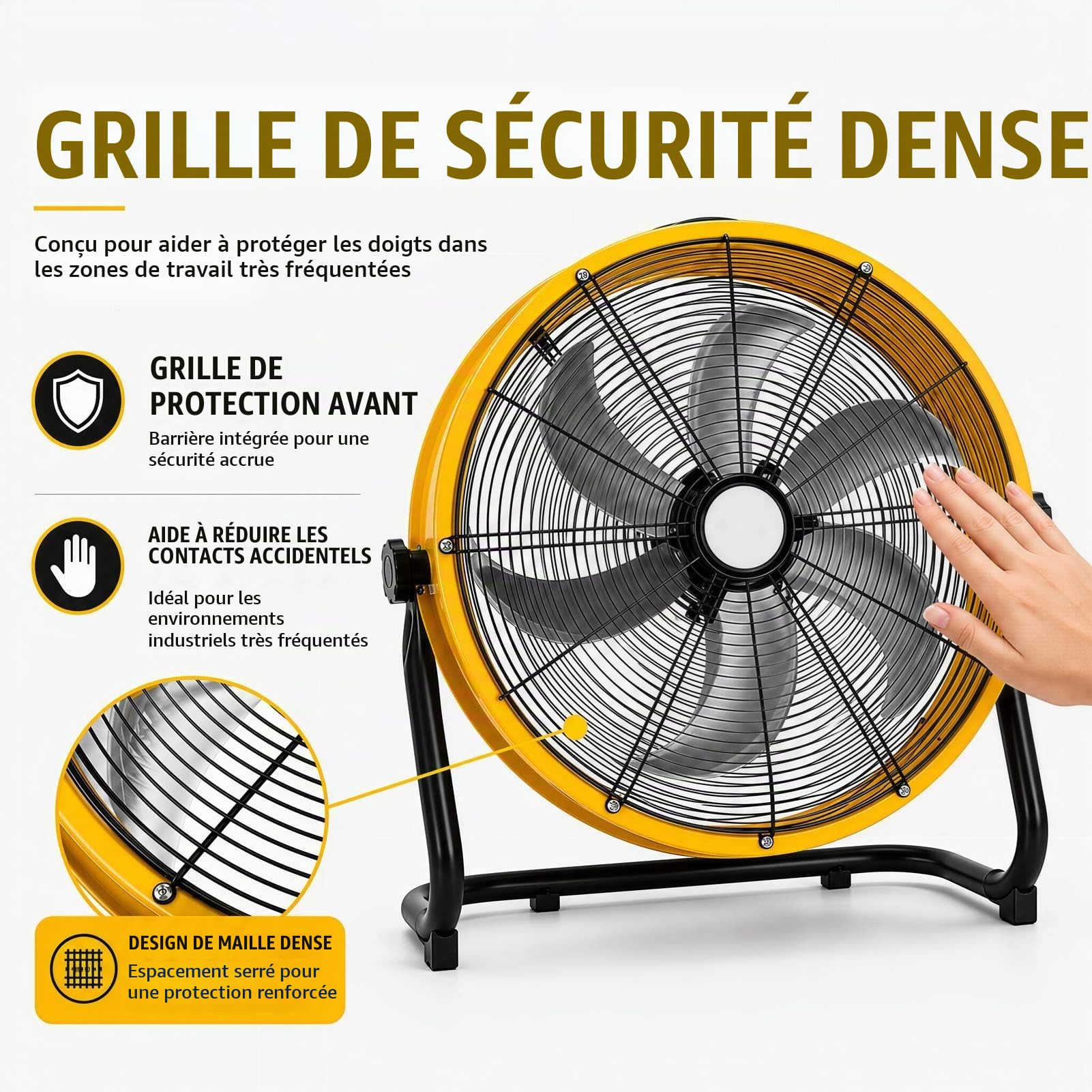 Ventilateur Industriel Tambour, Ventilateur Sol Haute Vitesse Moteur, 3 Vitesses, Pales Aluminium, Grille Sécurité, Circulateur d'air pour Entrepôt, Atelier, Usine, Commercial