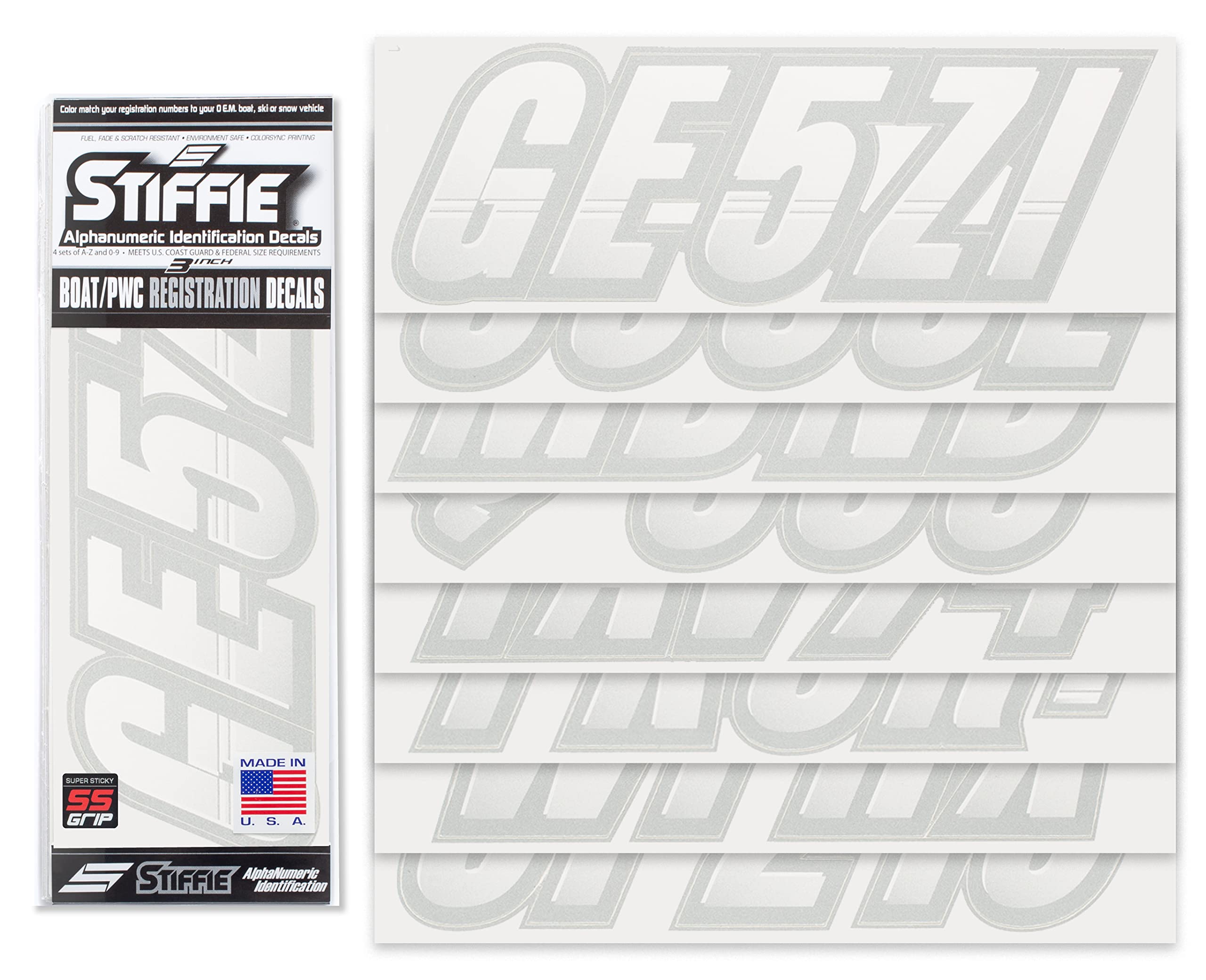 STIFFIE Techtron White/Metallic Silver 3” Super Sticky Boat & PWC Registration Decals • Numbers Letters Stickers