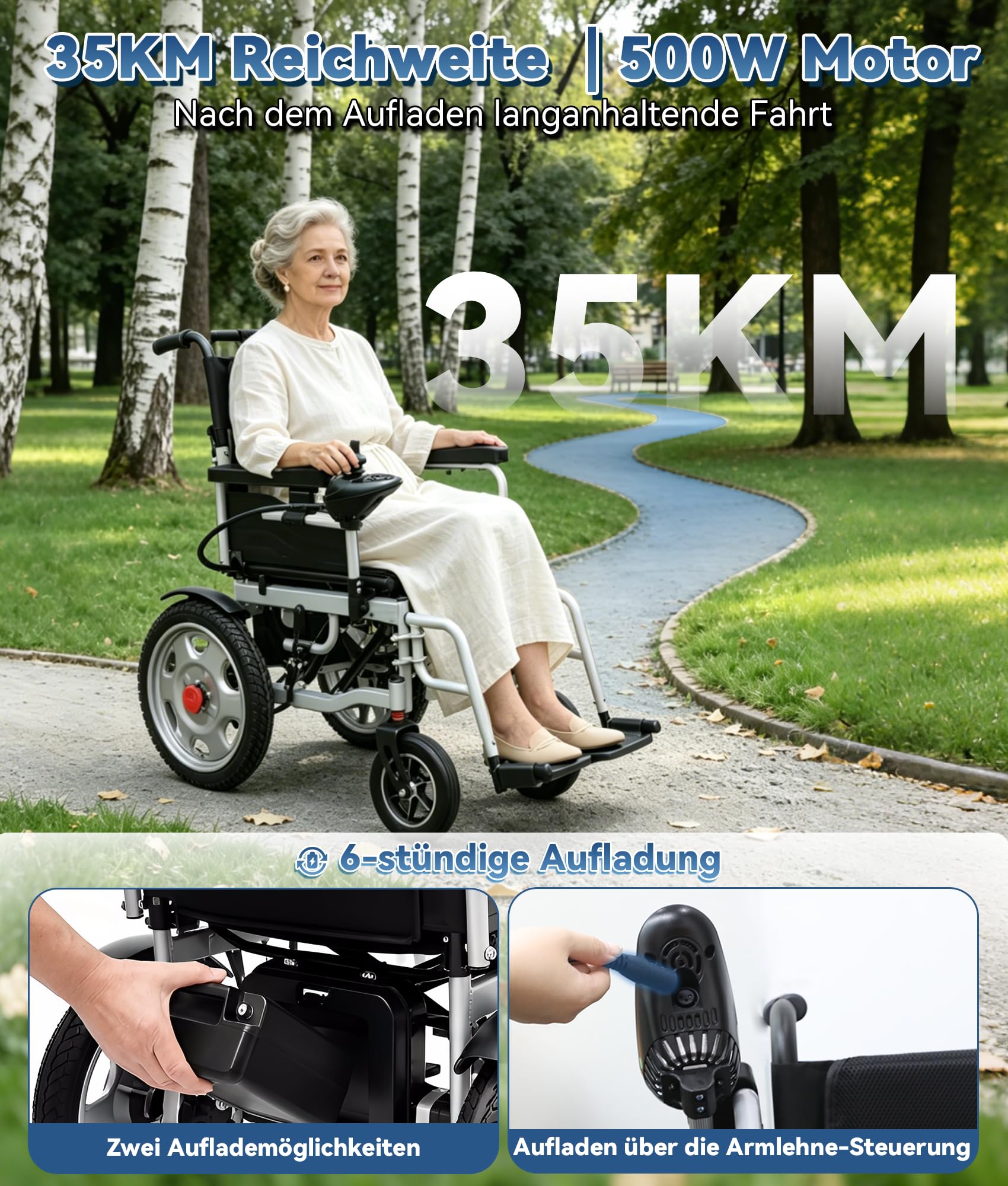Sedia a rotelle elettrica pieghevole da 170 kg, con freno a mano, motore da 500 W e 35 km, modalità elettrica con velocità regolabile, doppia modalità di ricarica e pneumatici per anziani