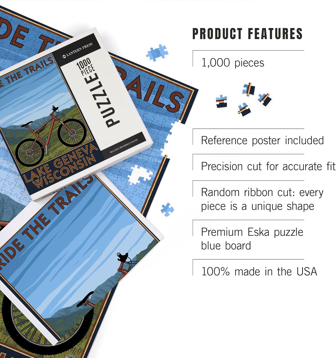 Lantern Press Lake Geneva, Wisconsin, Mountain Bike Scene, Ride the Trails 1000 Piece Jigsaw Puzzle for Adults, Made in USA with Reference Poster