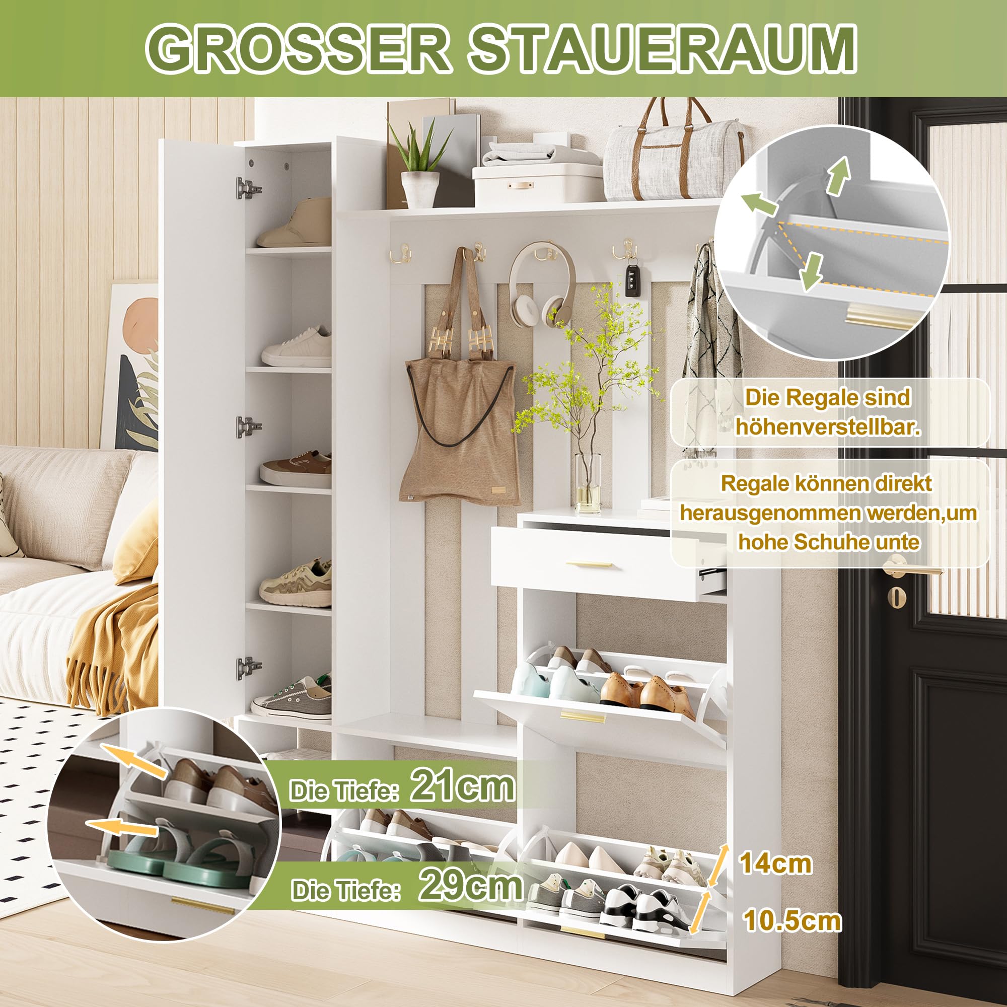 133 x 23,5 x 180 cm, set di guardaroba per corridoio, con specchio, 3 scarpiere, 1 cassetto e molti ganci, per corridoio, ingresso (bianco)