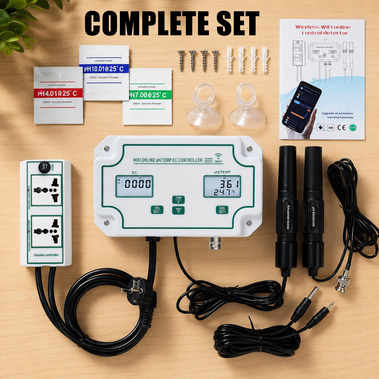Testeur de Qualité d'Eau Intelligent WiFi 3-en-1 pH EC Temp Moniteur | Surveillance mobile en direct, historique des données, réglages d'alarme, capteurs de précision, fixation murale, ATC