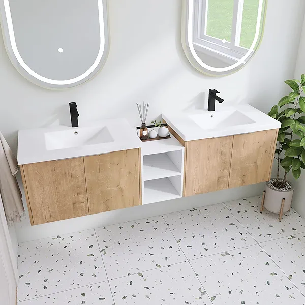 JENTORIA 72" Bathroom Vanity with Sink, 72 Inch Floating Vanity, Double Sink Wall Mounted Vanity Combo, Modern Brown Bathroom Vanity Set with 4 Doors and White Basin Sink
