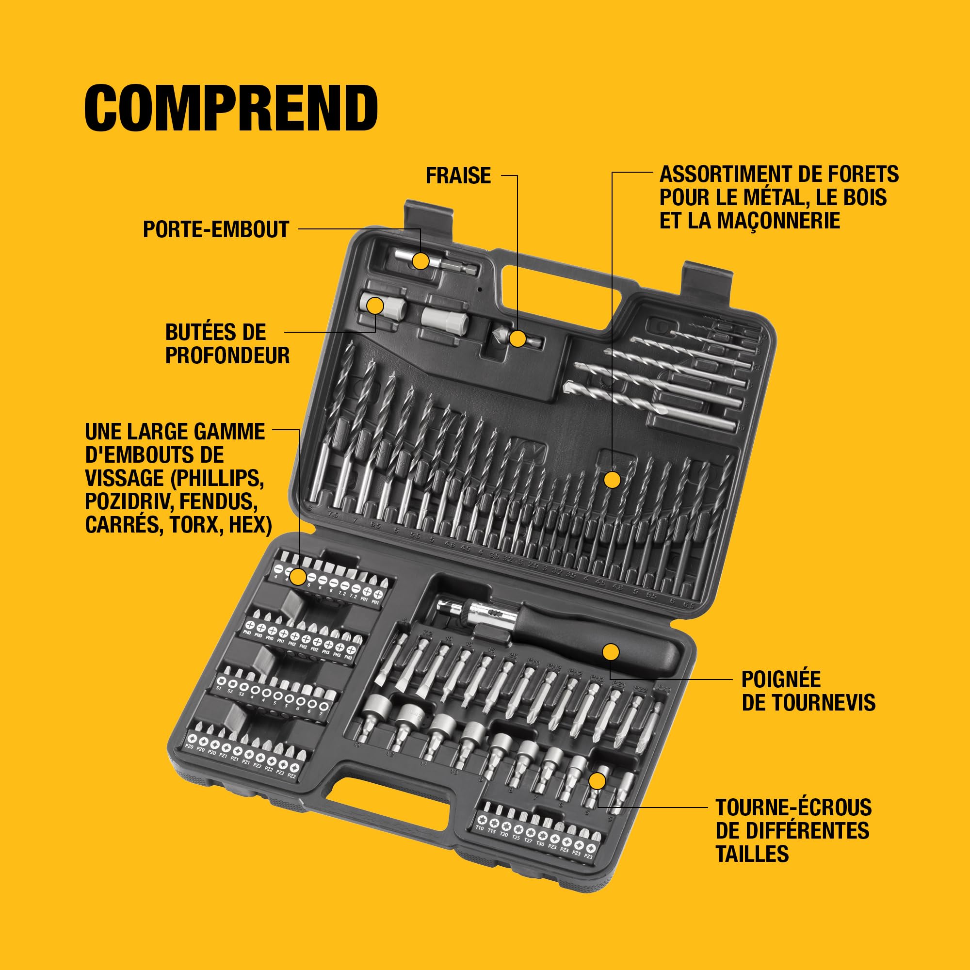 DEWALT Coffret de 109 Accessoires Percage Vissage.13 Forets HSS, 13 Mèches à bois, 5 Mèches Béton,50 Embouts de vissage 25mm, 13 Embouts 50mm, 10 Douilles, 2 Extracteurs de vis,1 Fraise, DT0109-QZ