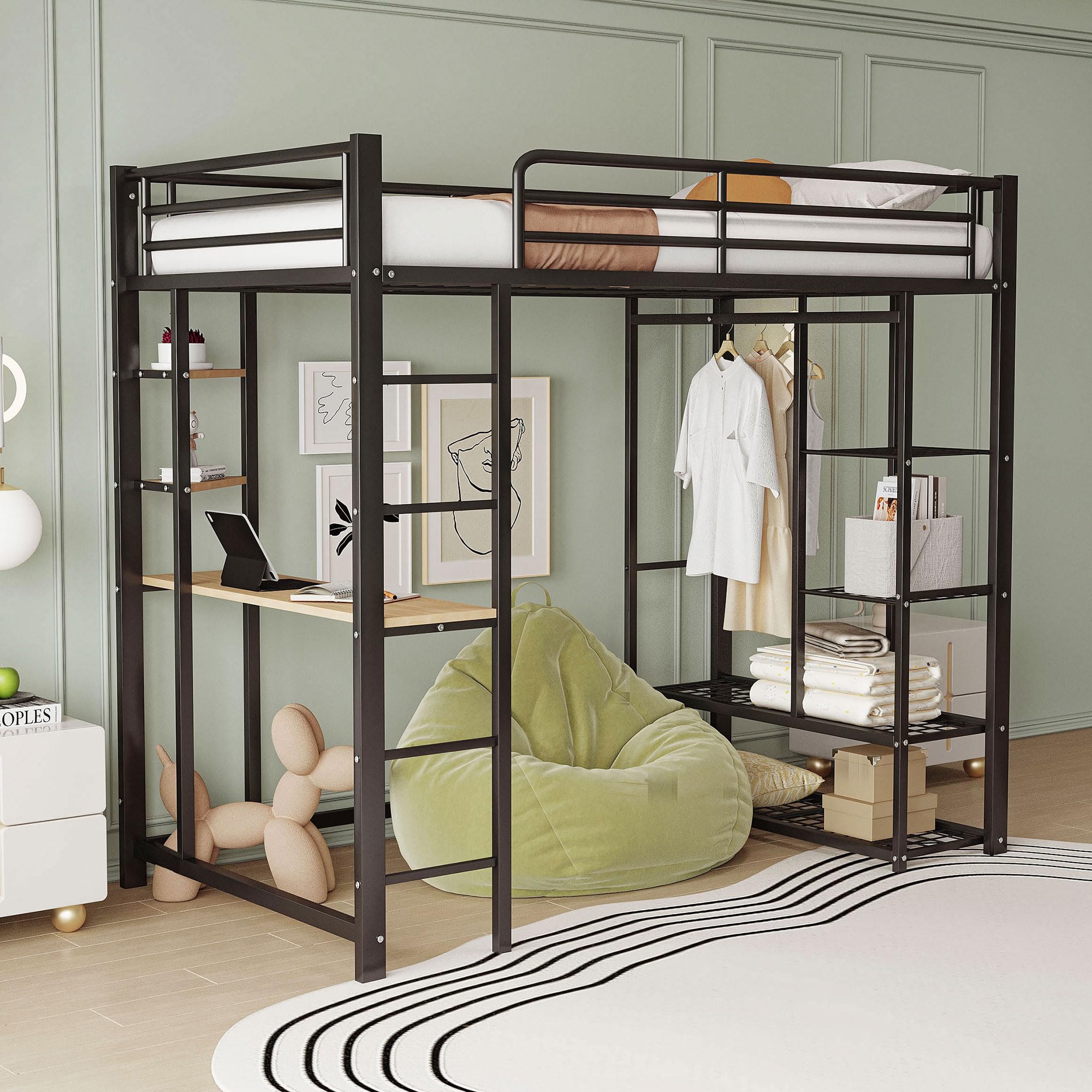 Merax Kinderbett Hochbett,Metall,90x200 cm, mit Schreibtisch,mehrere Regalen,einfach Kleiderschrank-Design,Leiter, Stabiler Metallrahmen, für Kinder und Jugendliche, Ohne Matratze,Schwarz