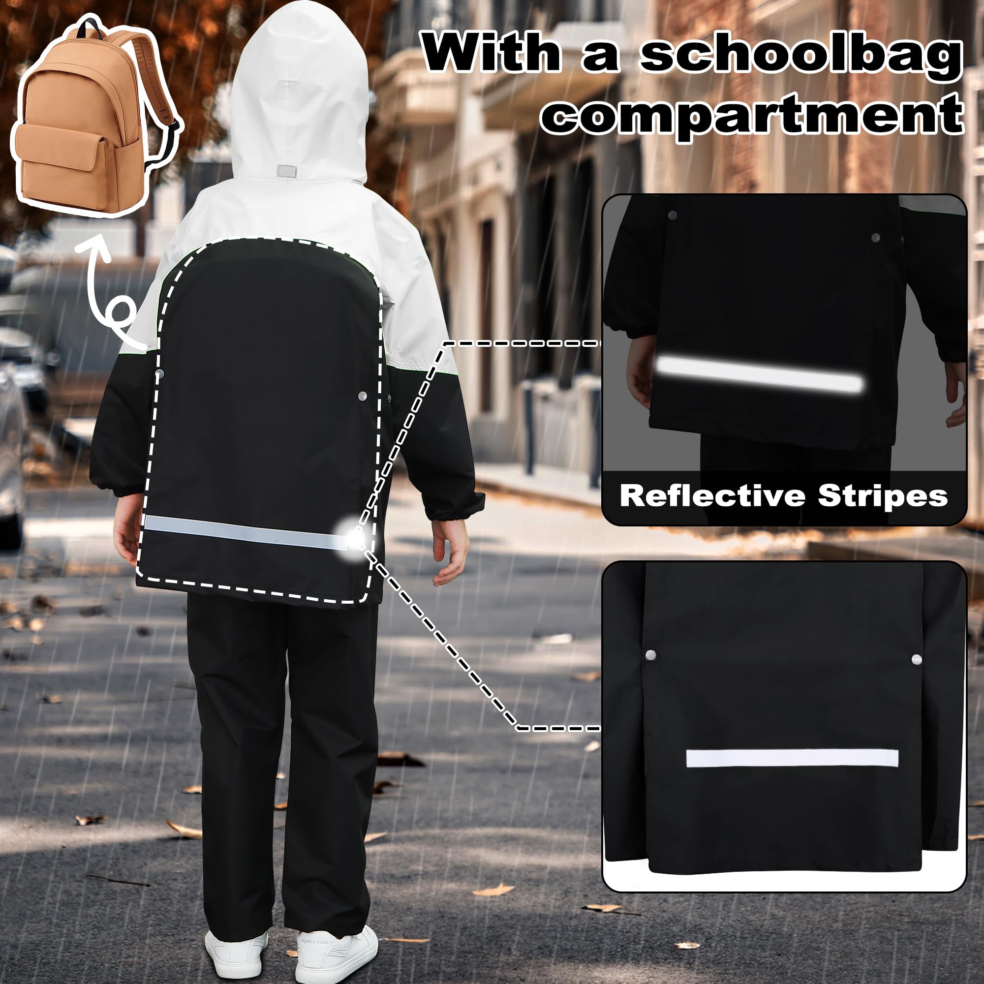 Tuta Impermeabile Ragazze Ragazzi, Leggero Antipioggia Giacca con Cappuccio e Pantaloni Set, Unisex Bambini Impermeabili Tute Pioggia con Strisce Riflettenti per 8-14 anni