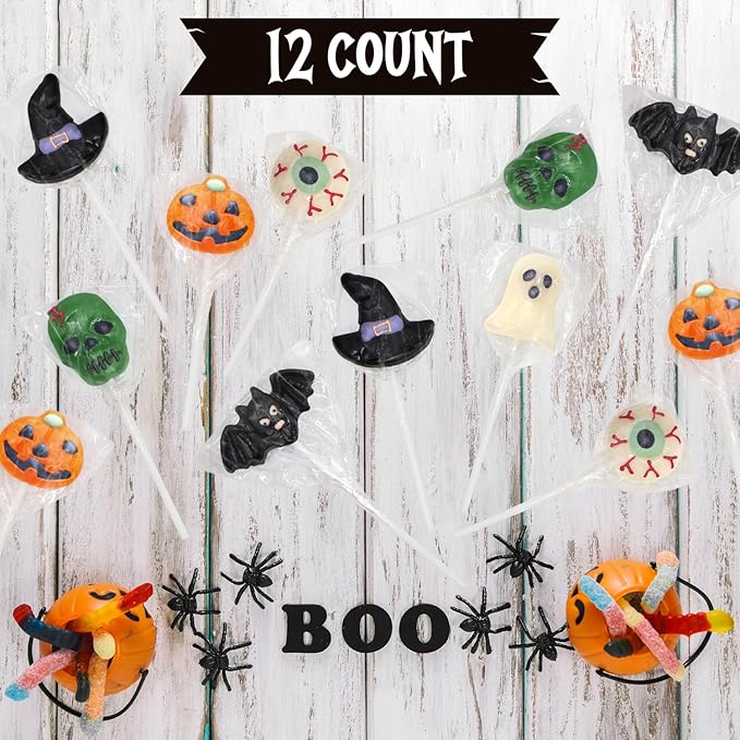 Halloween Lollipops 12 Count Individually Wrapped Dye-Free Suckers Spooky Themed Shapes
